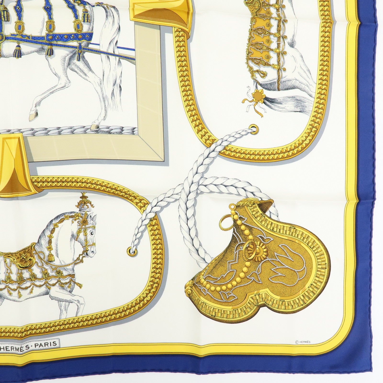 HERMES Carre 90 Silk 100% Scarf GRAND APPARAT White Yellow Navy