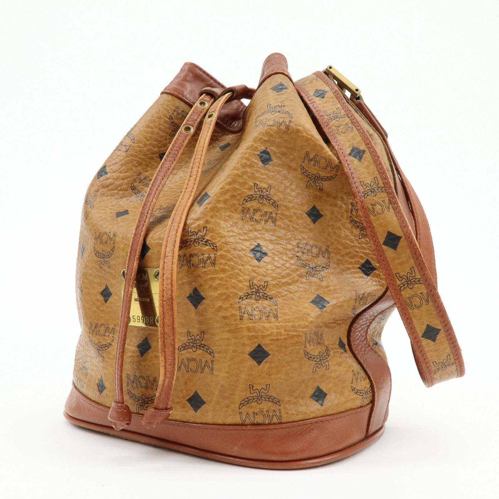 MCM Visetos Leather Drawstring Shoulder Bag Crossbody Bag Brown