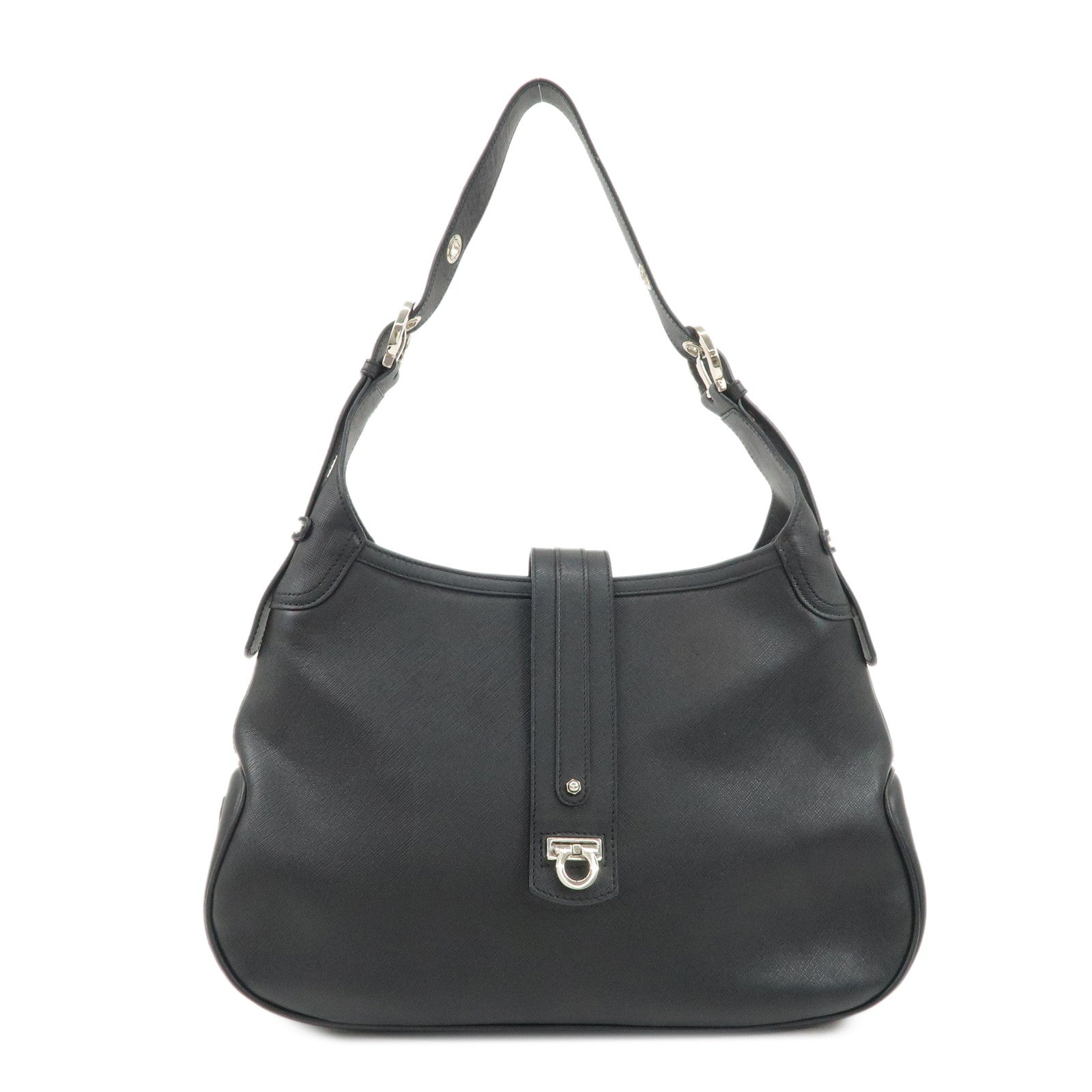 Ferragamo Gancini Leather Shoulder Bag Black Used