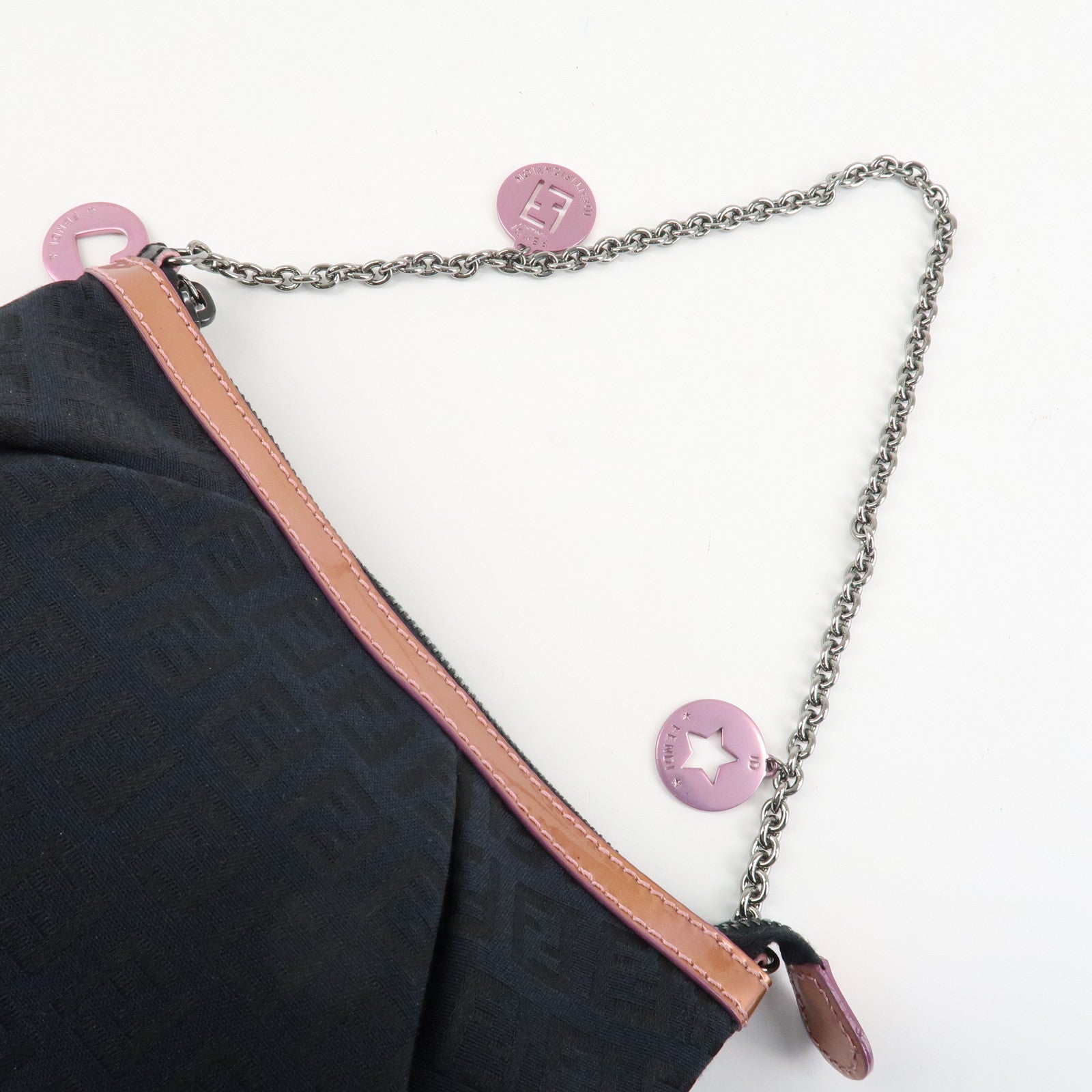 FENDI Zucchino Canvas Leather Chain Hand Bag Black Pink 8BR594 Used