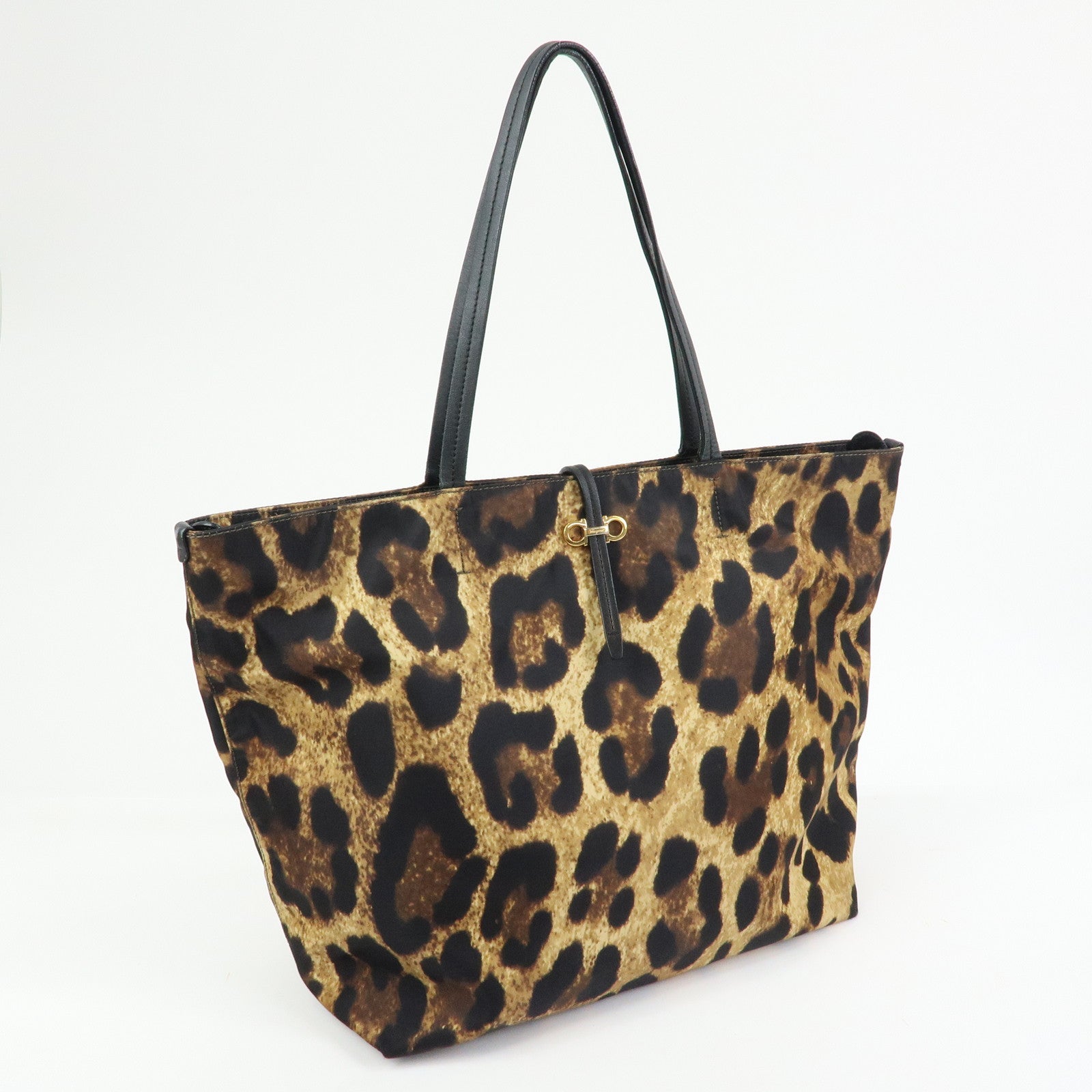 Ferragamo Gancini Nylon Leather Leopard Tote Bag Shoulder Bag Brown