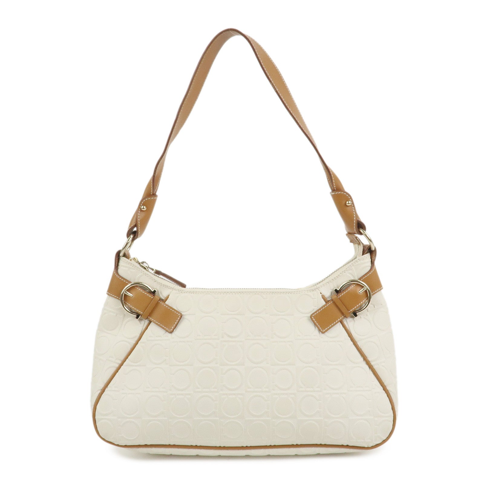 Ferragamo Gancini Logo Leather Shoulder Bag Hand Bag White