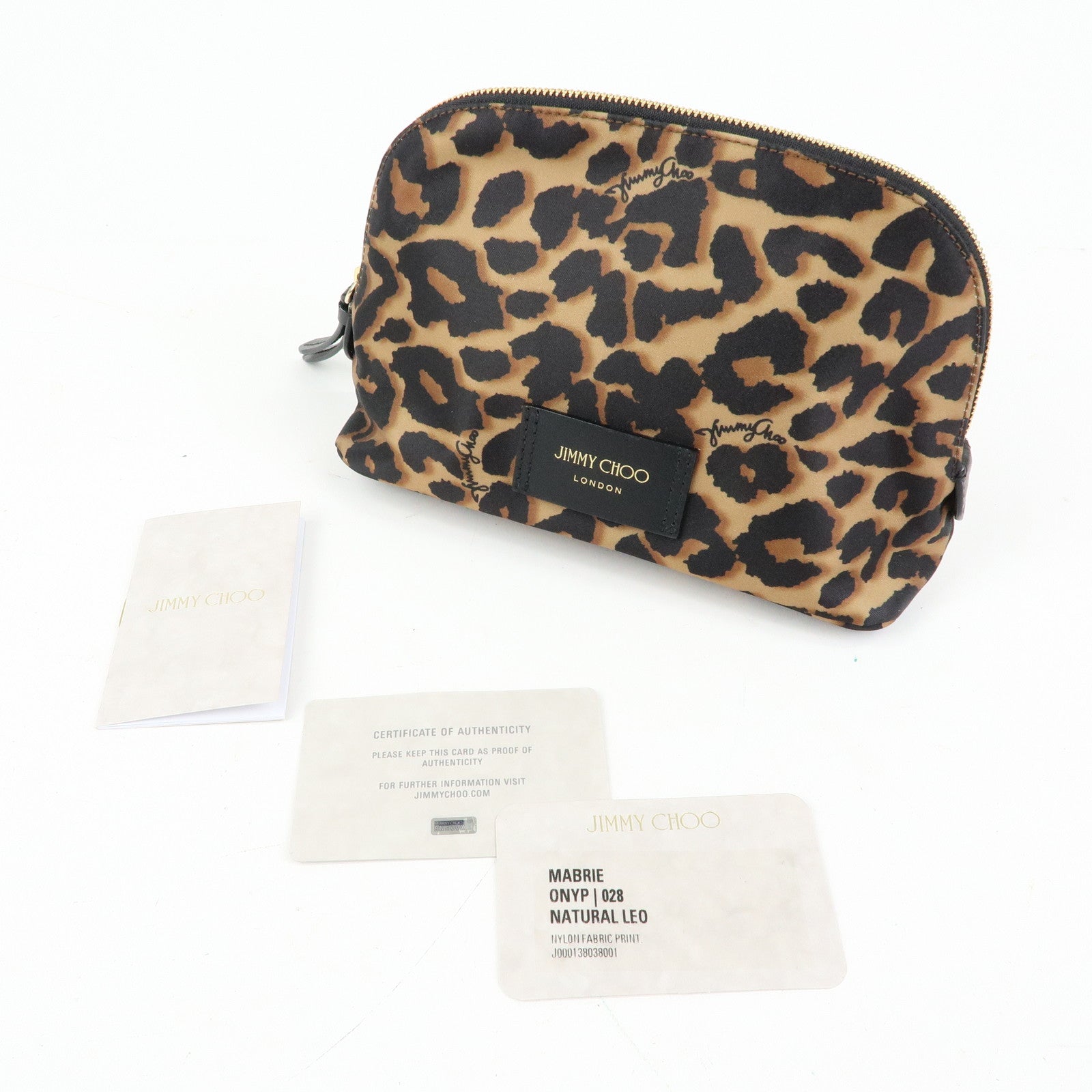 JIMMY CHOO Nylon Leather Leopard Clutch Pouch Makeup Bag Brown