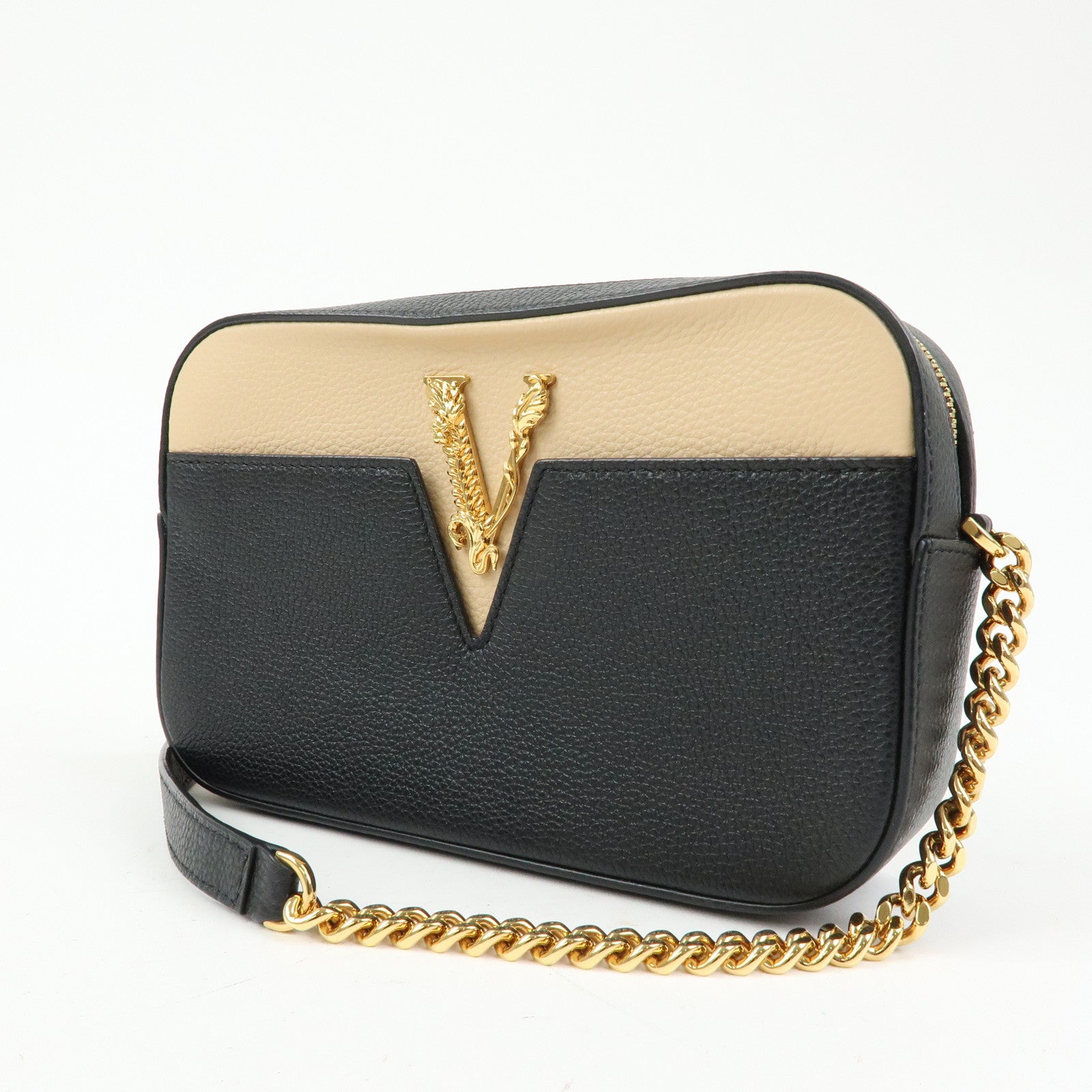 VERSACE Virtus Leather Shoulder Crossbody Bag Black Beige