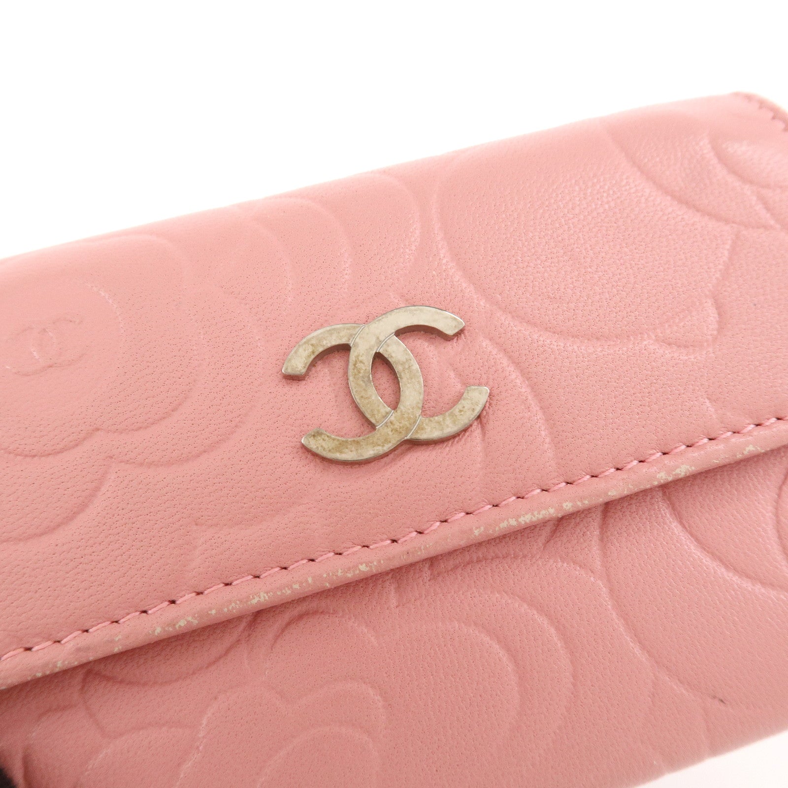 CHANEL Camellia COCO Mark Leather Card Case Card Holder Pink