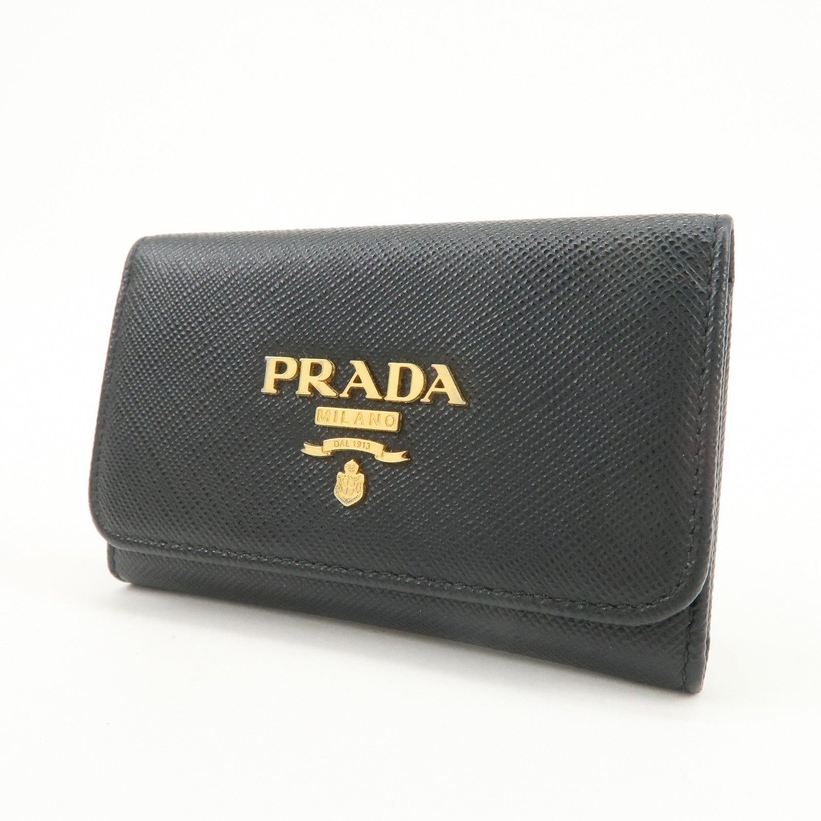 PRADA Logo Saffiano Leather Key Case Key Holder Black