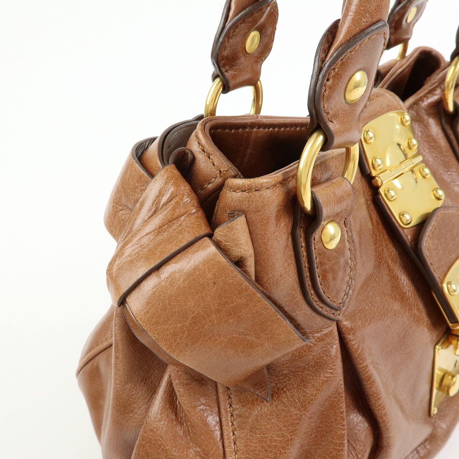 MIU MIU Leather 2Way Bag Hand Bag Shoulder Bag Side Ribbon Brown
