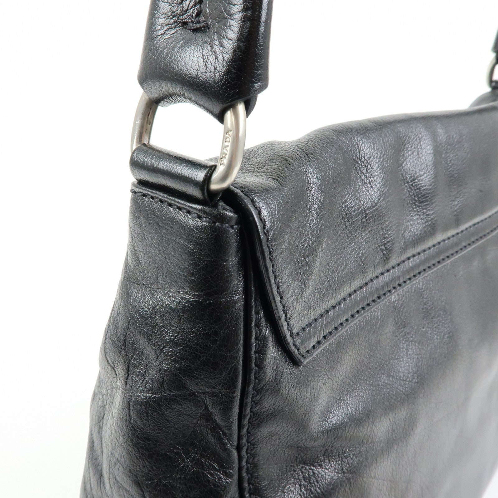 PRADA Triangle Logo Leather Hand Bag Shoulder Bag Black