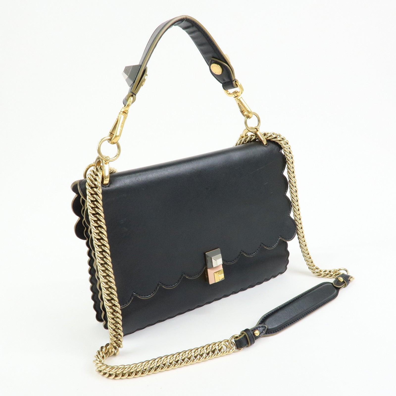 FENDI KAN I Leather 2Way Bag Shoulder Bag Hand Bag Black 8BT283