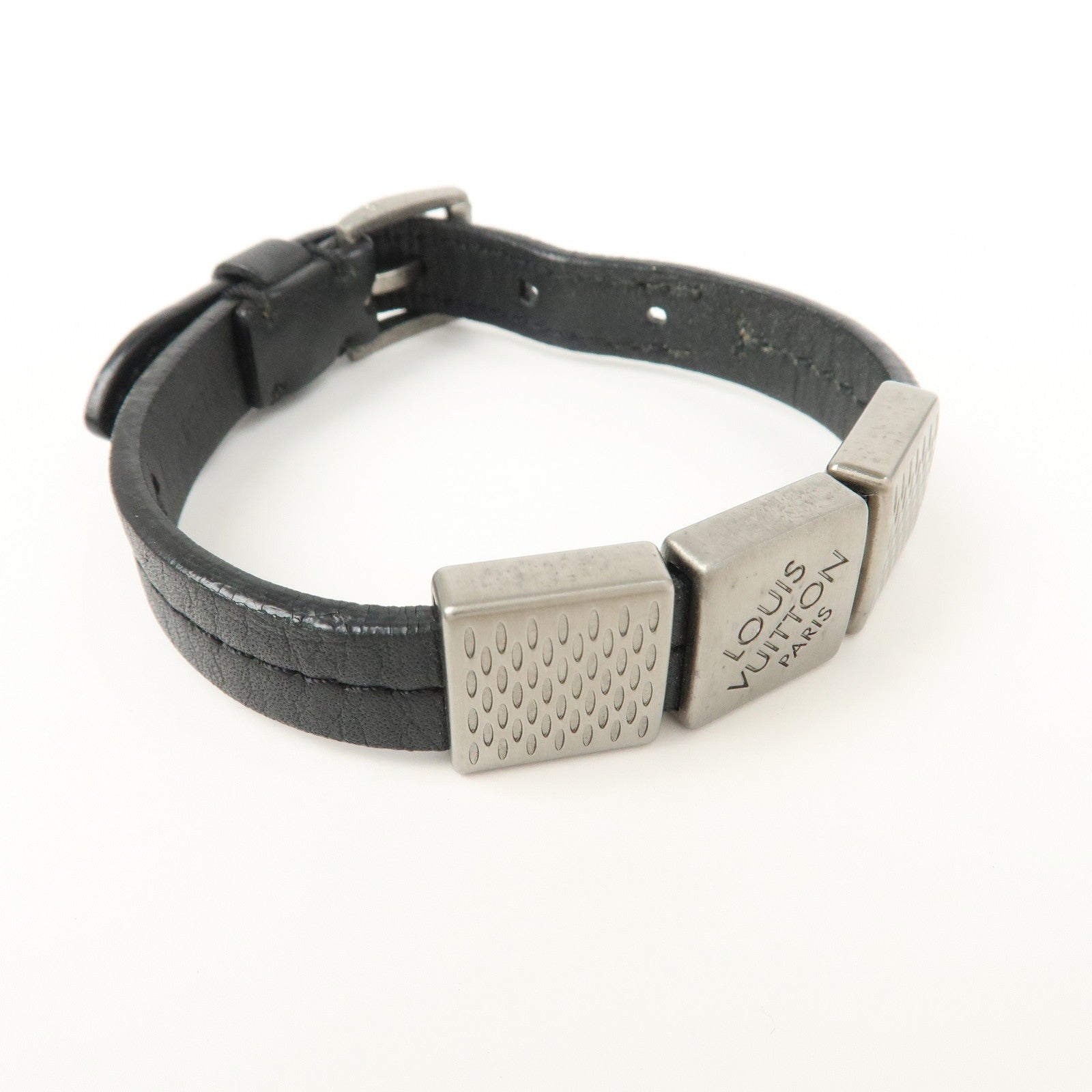 Louis Vuitton Leather Bracelet Black Silver M6205
