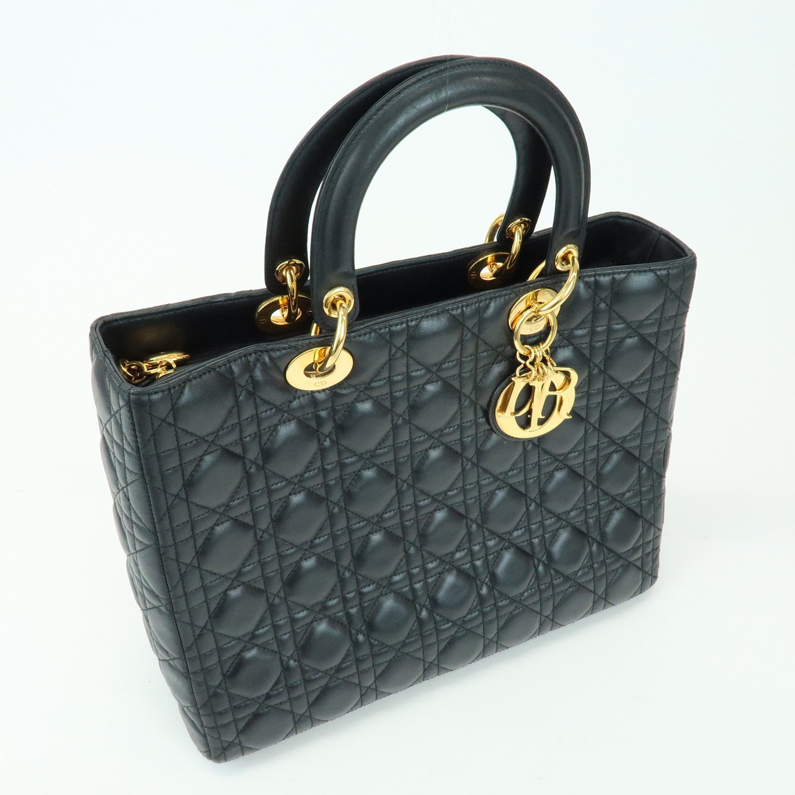 Christian Dior Cannage Lady Dior Leather Large Tote Hand Bag Black
