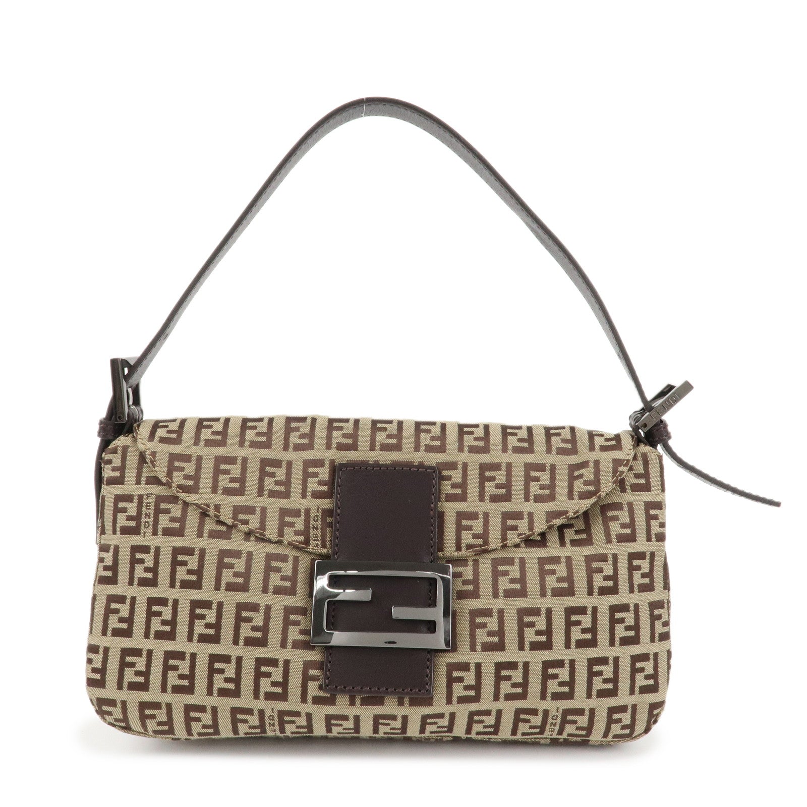 FENDI Mamma Baguette Zucchino Canvas Leather Hand Bag Brown 8BR003