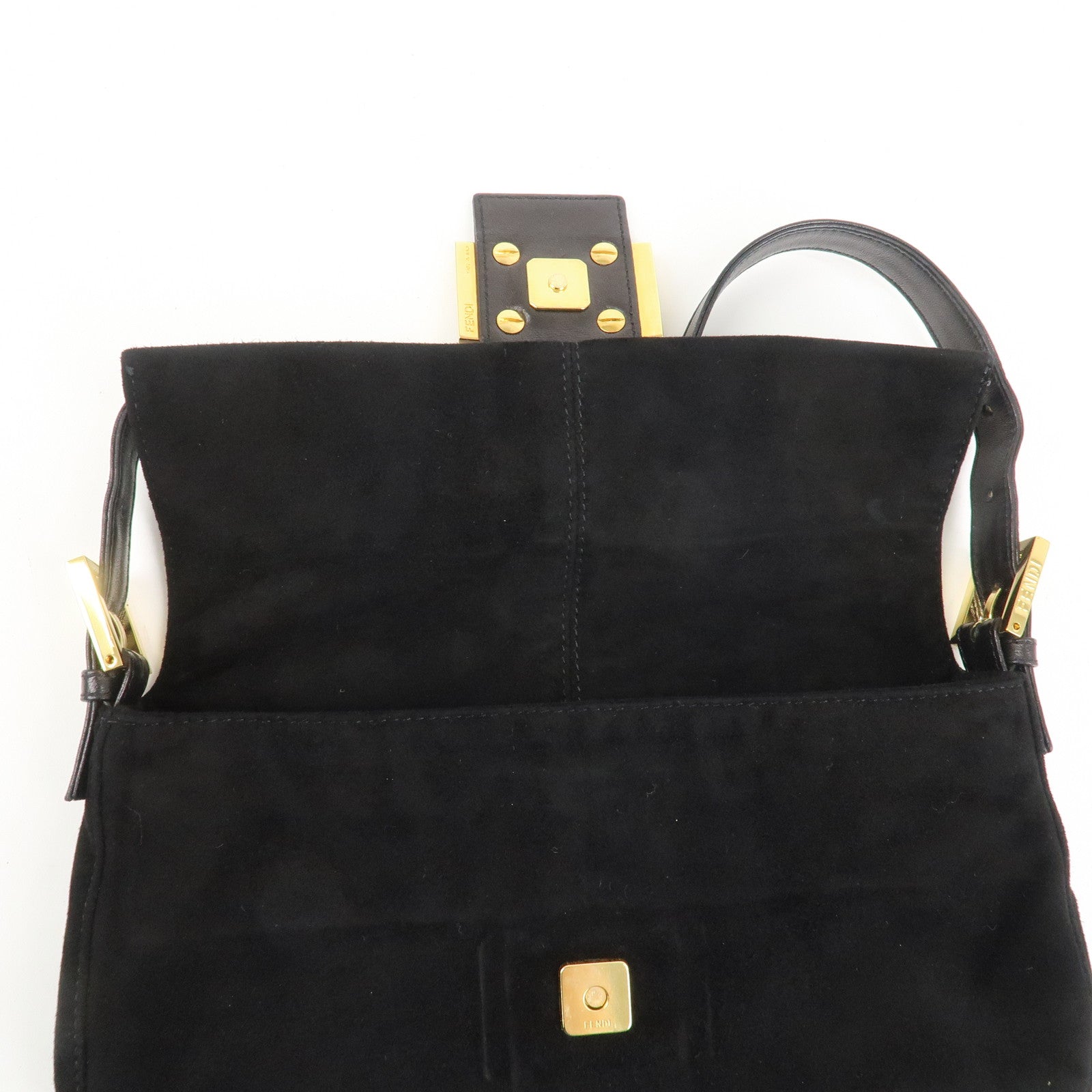 FENDI Mamma Baguette Suede Leather Shoulder Bag Black 26424