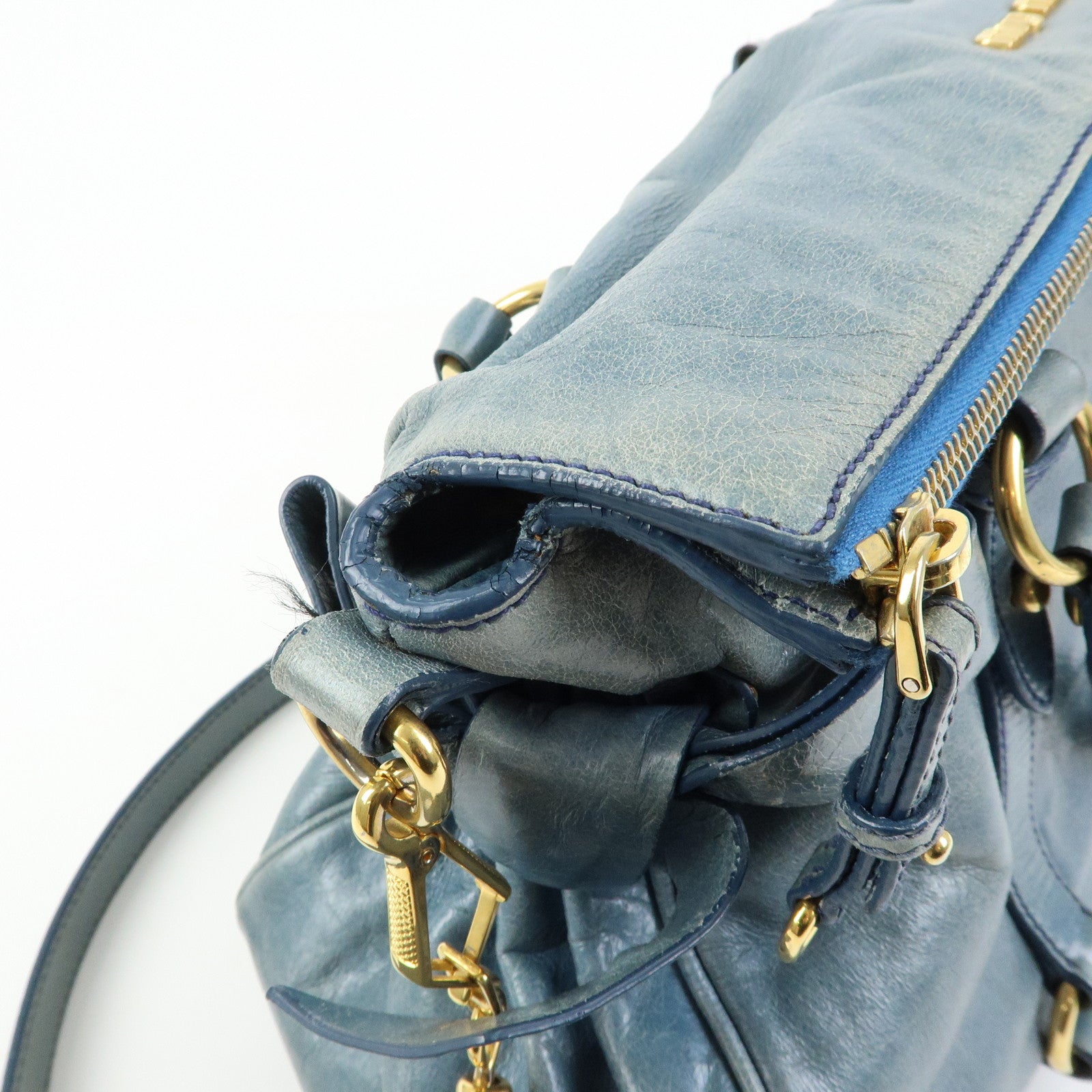 MIU MIU Side Ribbon Vittello Lux 2Way Bag Hand Shoulder Bag Blue