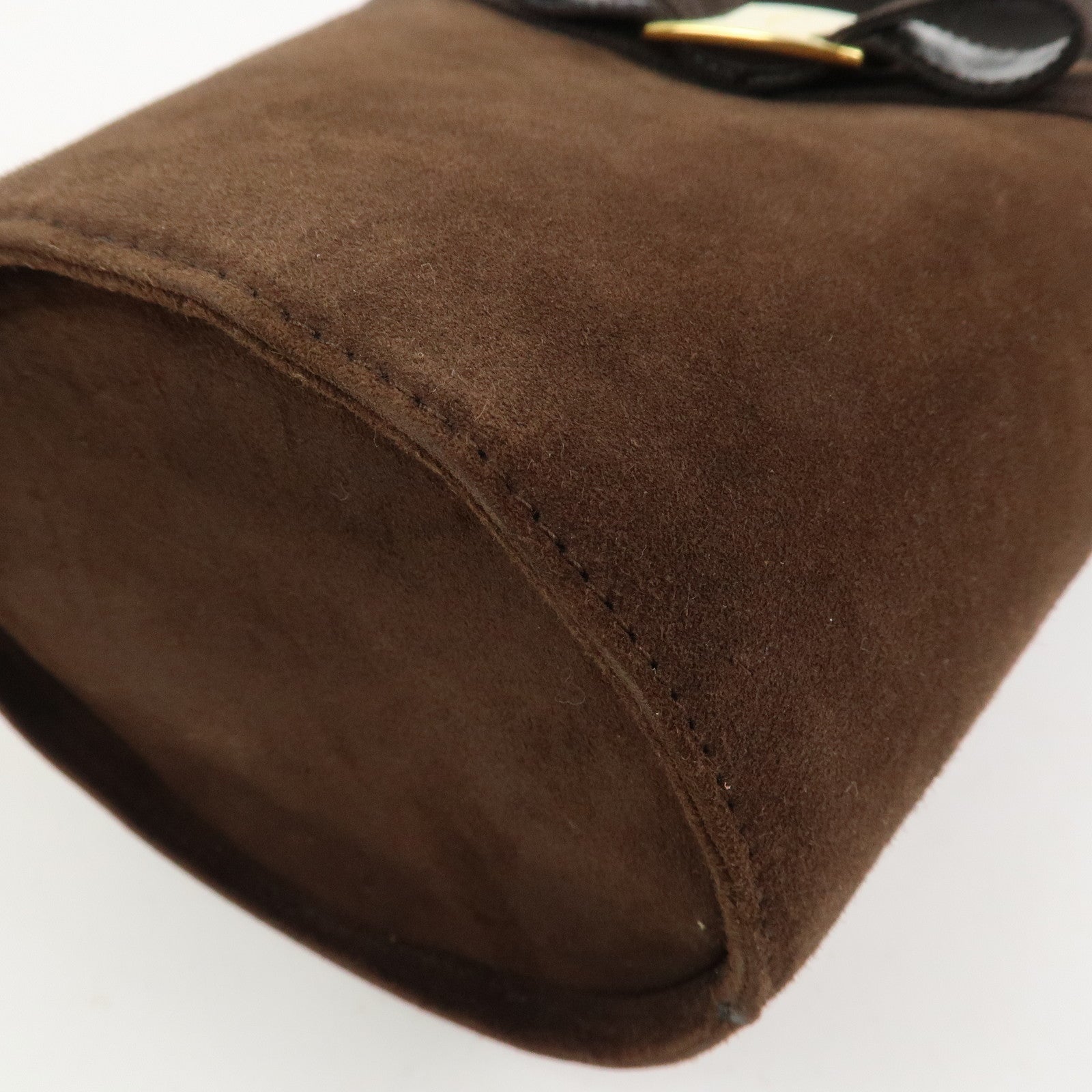 Ferragamo Vara Ribbon Suede Leather Hand Bag Brown Gold