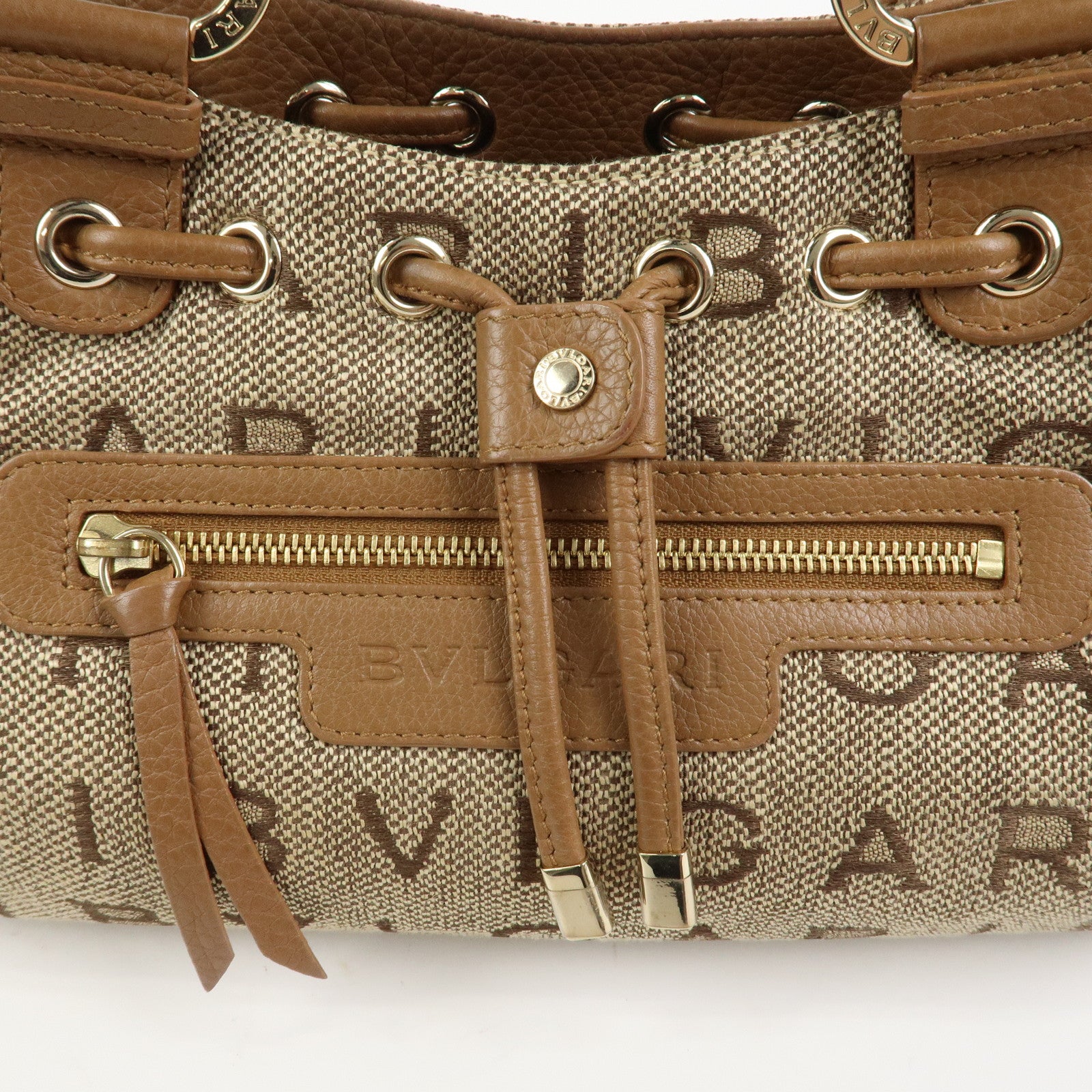 BVLGARI Logo Mania Jacquard Leather Hand Bag Tote Bag Beige