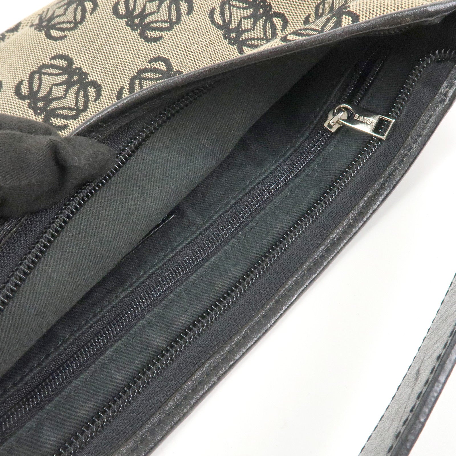 LOEWE Anagram Logo Canvas Leather Shoulder Bag Hand Bag Beige Black