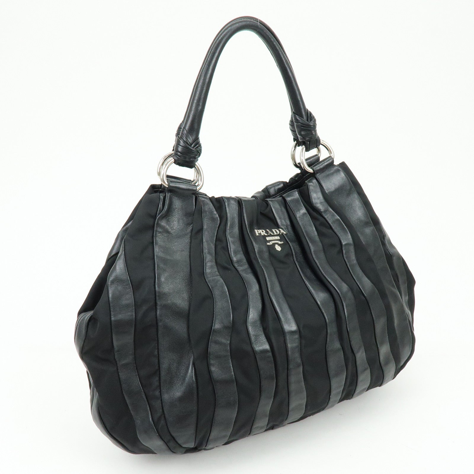 PRADA Logo Leather Nylon Tote Bag Shoulder Bag Black BR3994