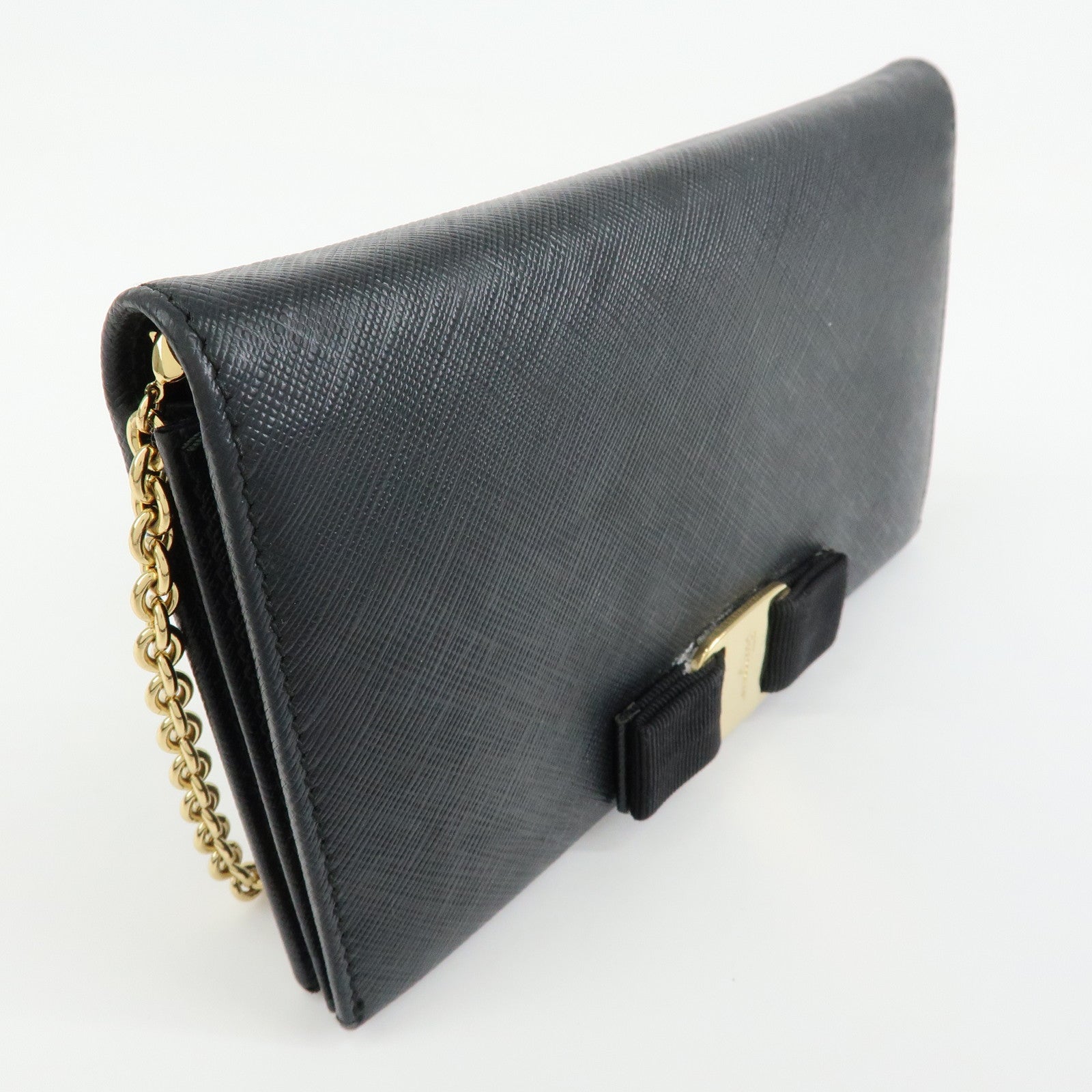 Ferragamo Vara Ribbon Leather Chain Wallet Shoulder Bag Black