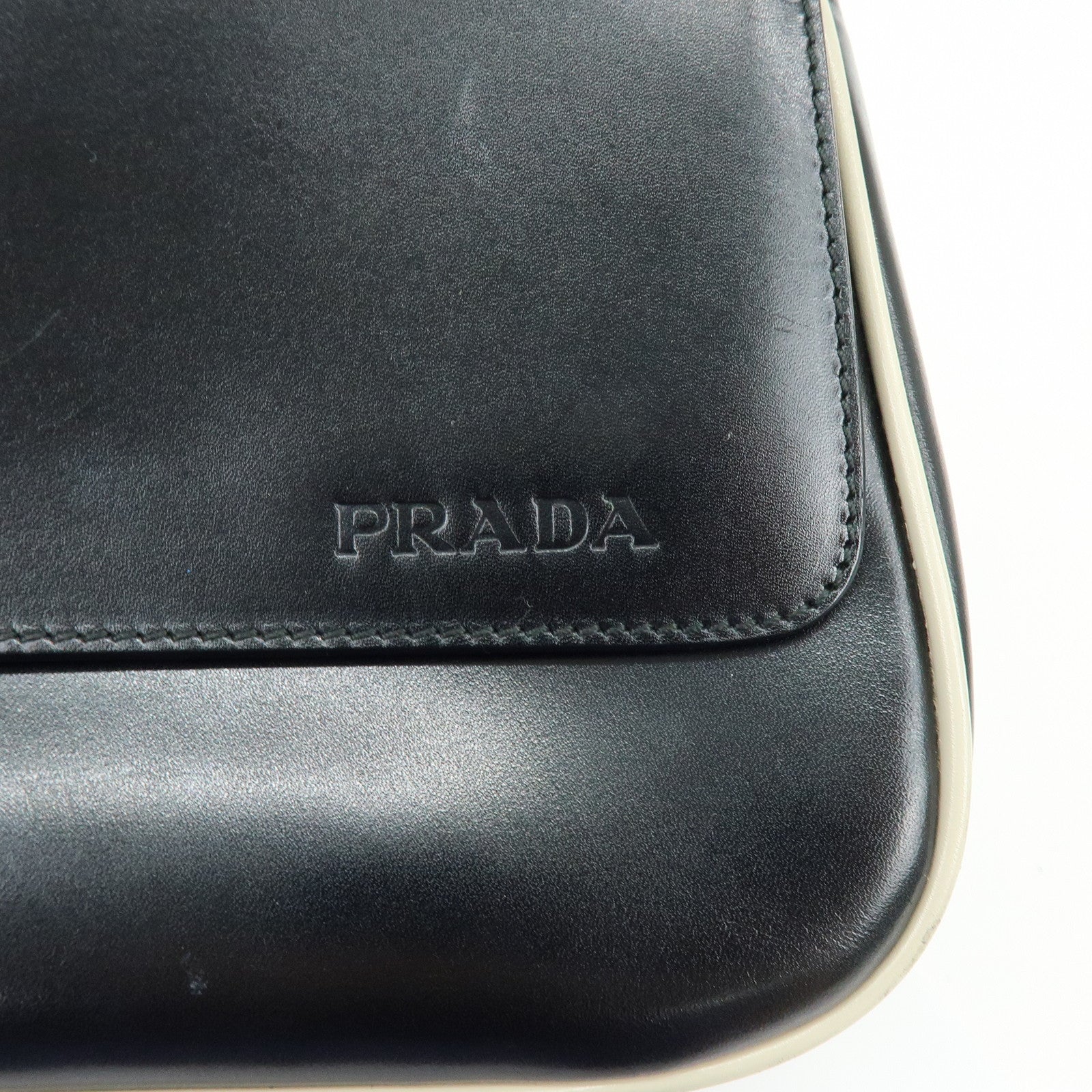 PRADA Logo Leather Shoulder Bag Hand Bag Black White