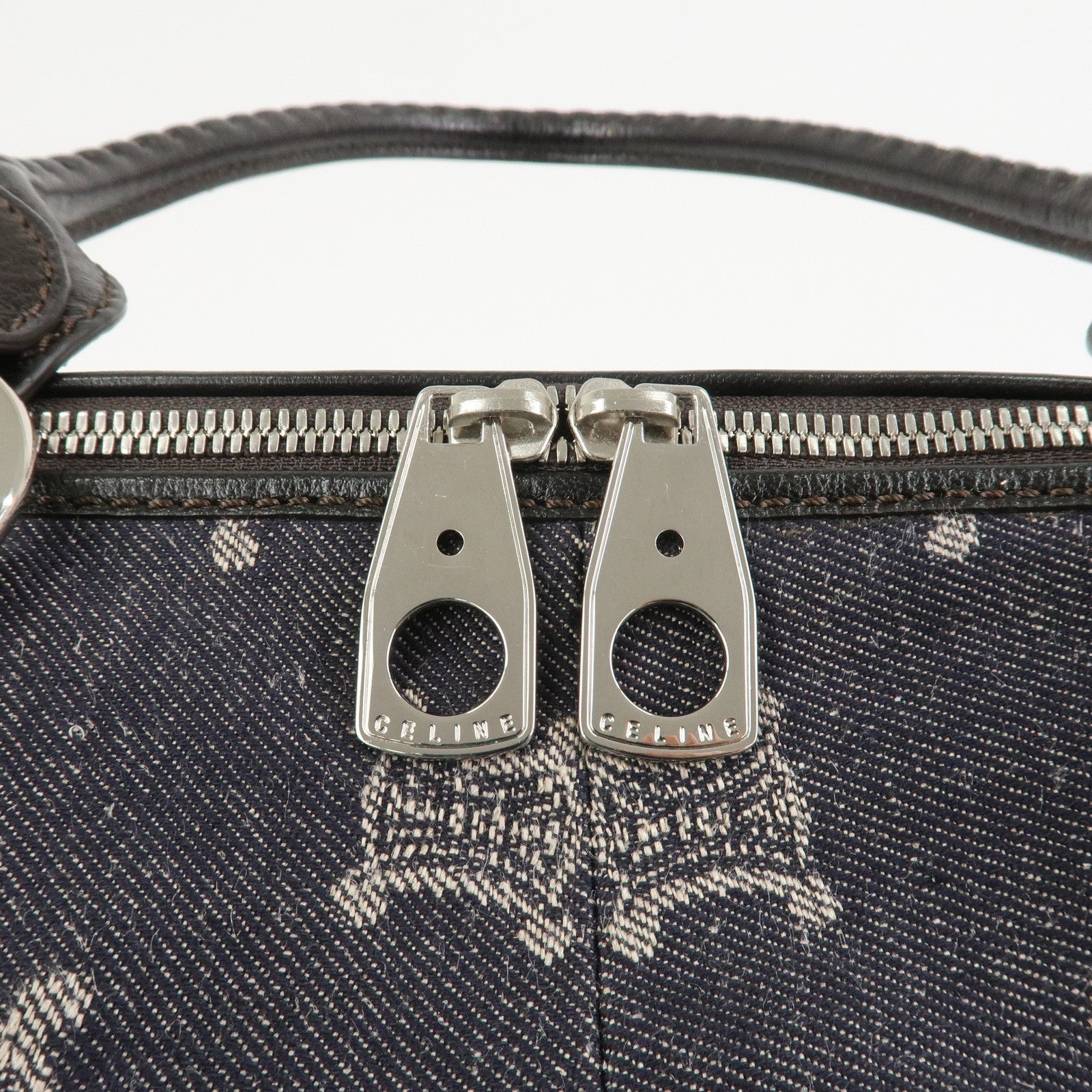 CELINE Macadam Denim Leather Tote Bag Hand Bag Navy Dark Brown