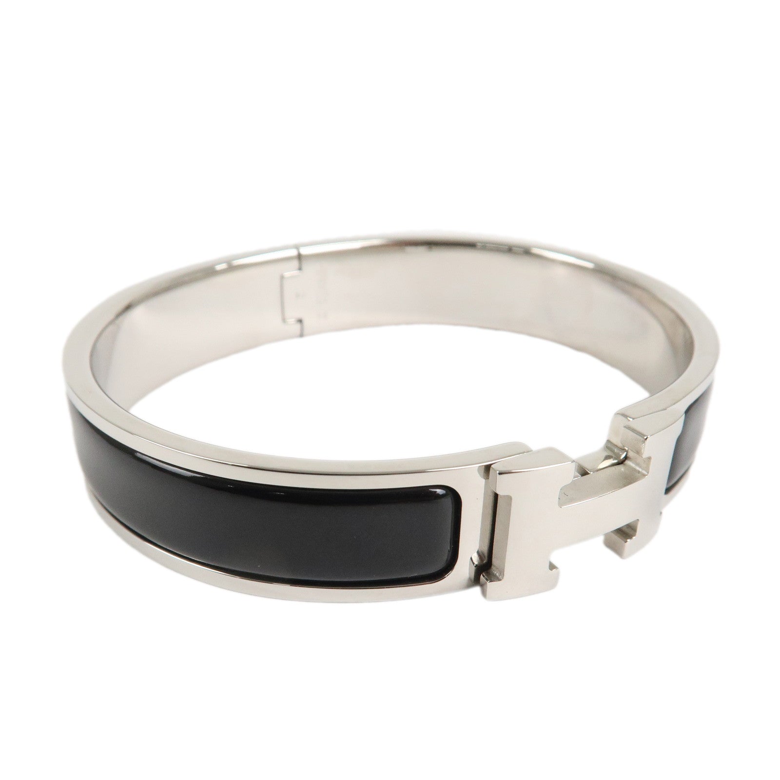 HERMES Clic Clac PM H Logo Bangle Bracelet Silver Black Used
