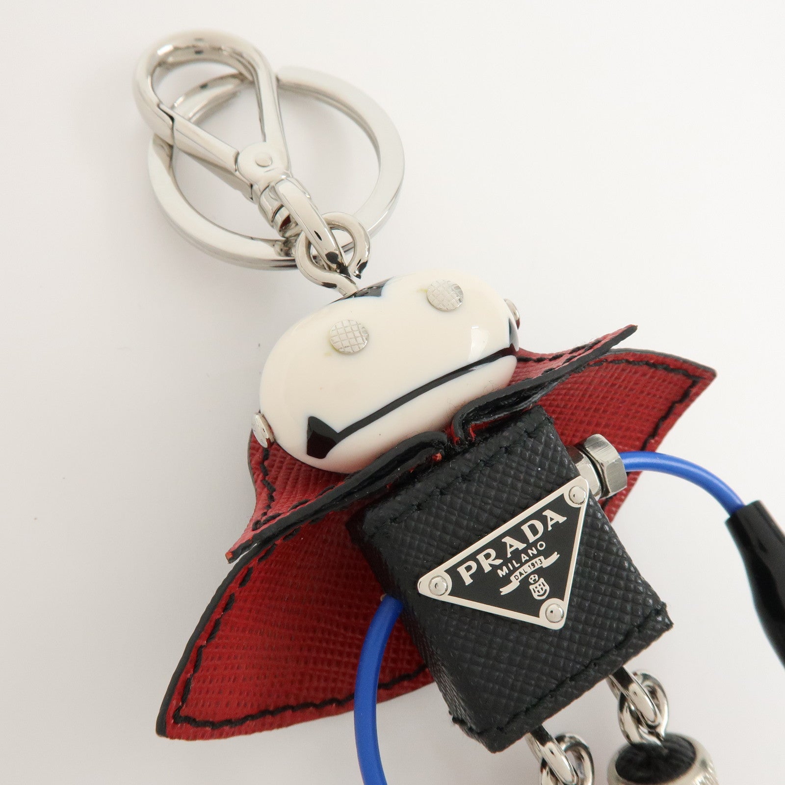 PRADA Triangle Logo Metal Saffiano Leather Bag Key Charm Black Red