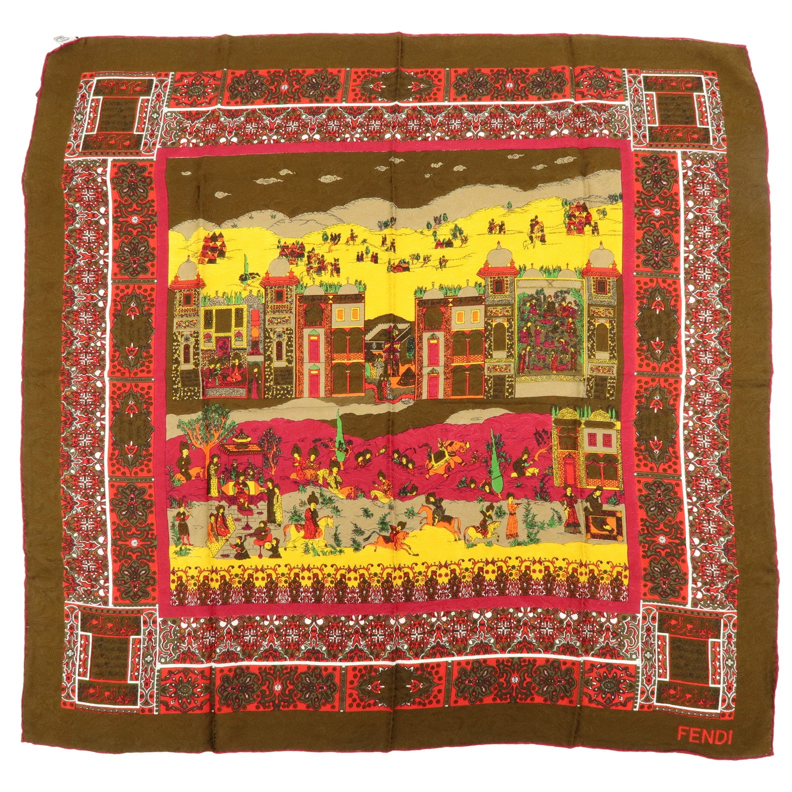 FENDI Silk 100% Scarf Oriental Motif Brown Multicolor