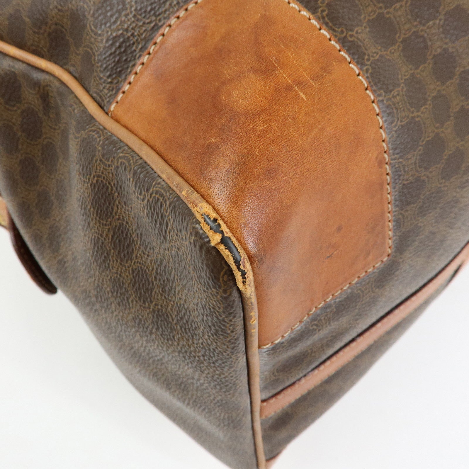 CELINE Logo Macadam PVC Leather Boston Bag Hand Bag Brown