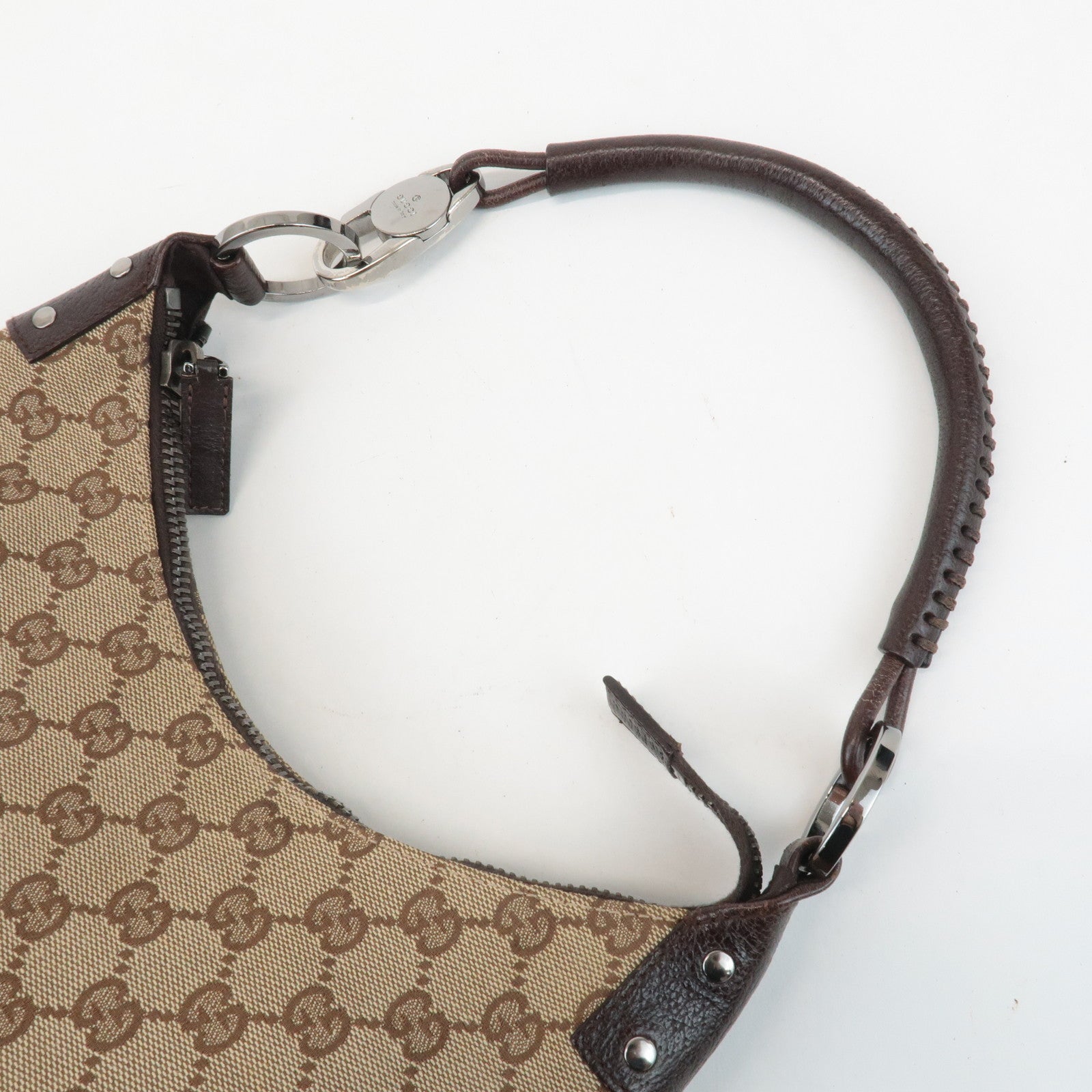 GUCCI GG Canvas Leather Shoulder Bag Hand Bag Beige Dark Brown 115002 Used