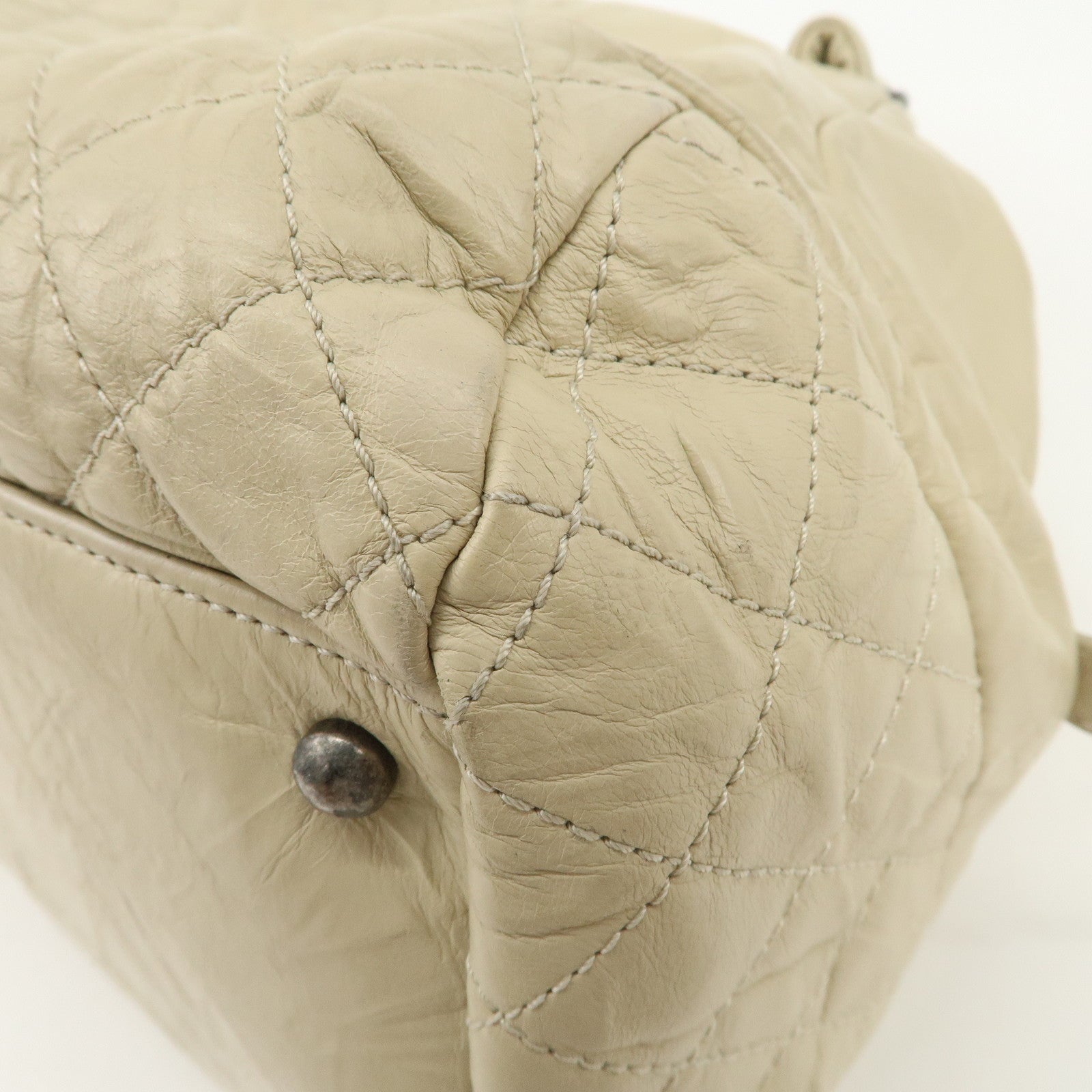 CHANEL Matelasse Leather COCO Mark Boston Bag Ivory Used
