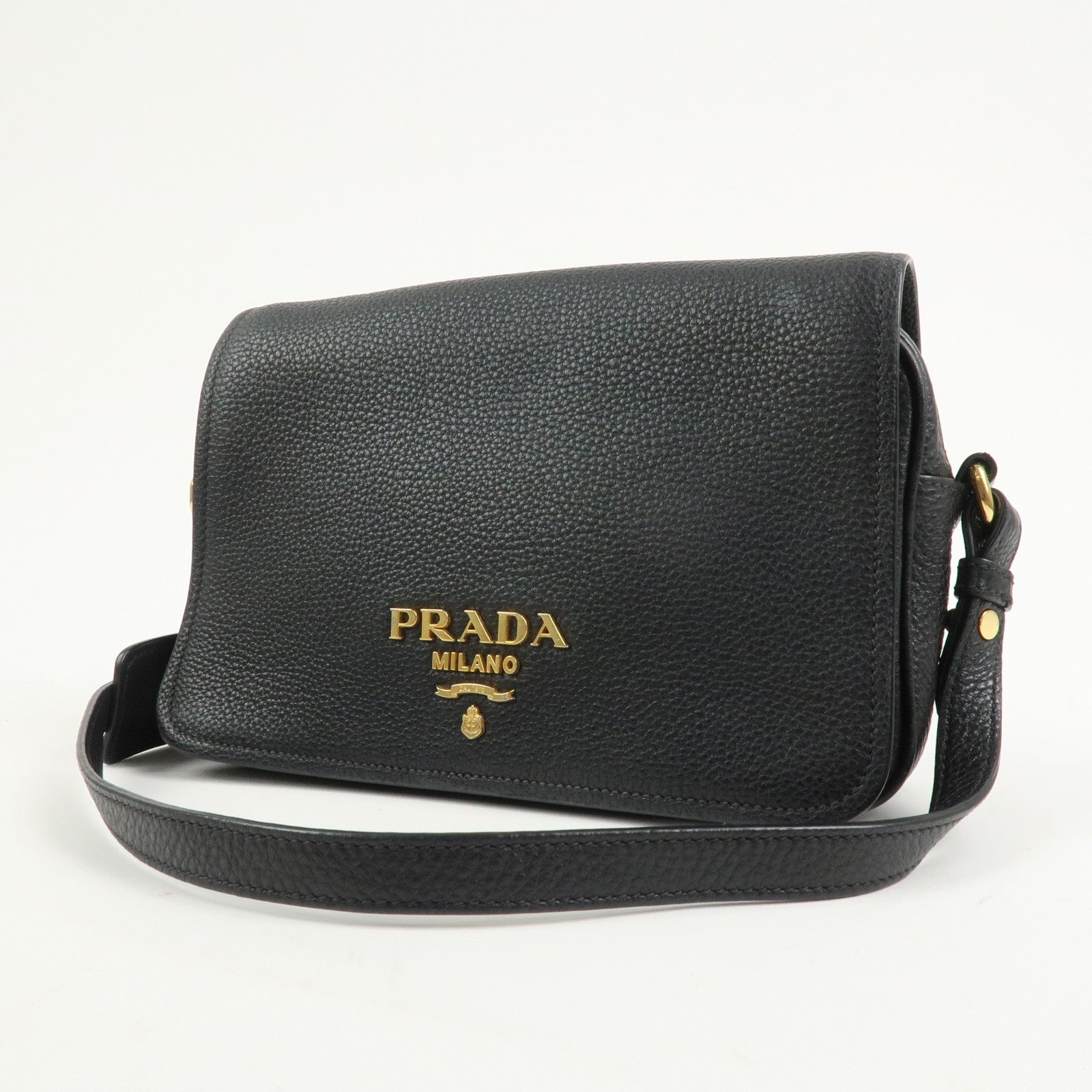 PRADA Logo Leather Shoulder Bag Black 1BD163