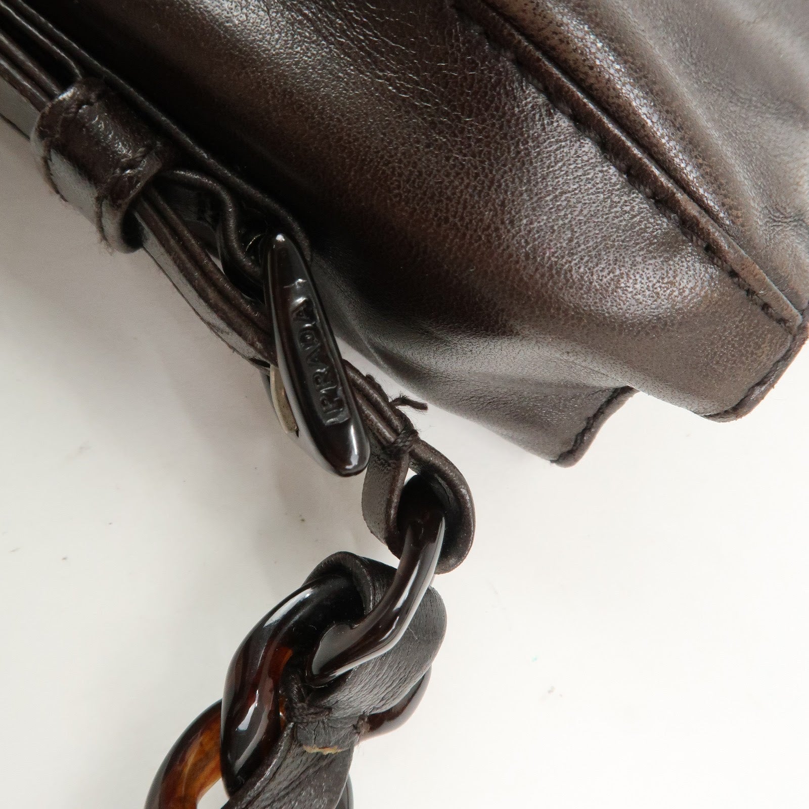 PRADA Logo Suede Leather Plastic Chain Shoulder Bag Brown
