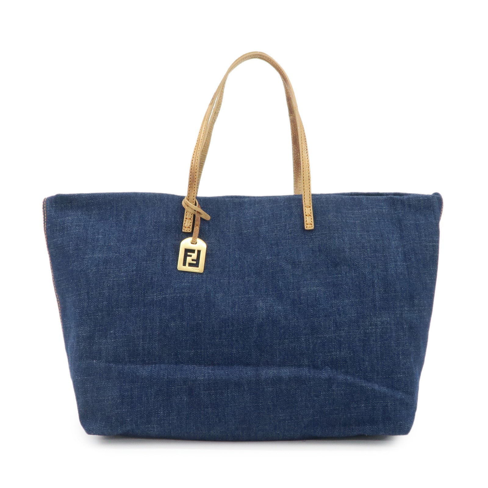 FENDI Denim Tote Bag Hand Bag Logo Charm Navy