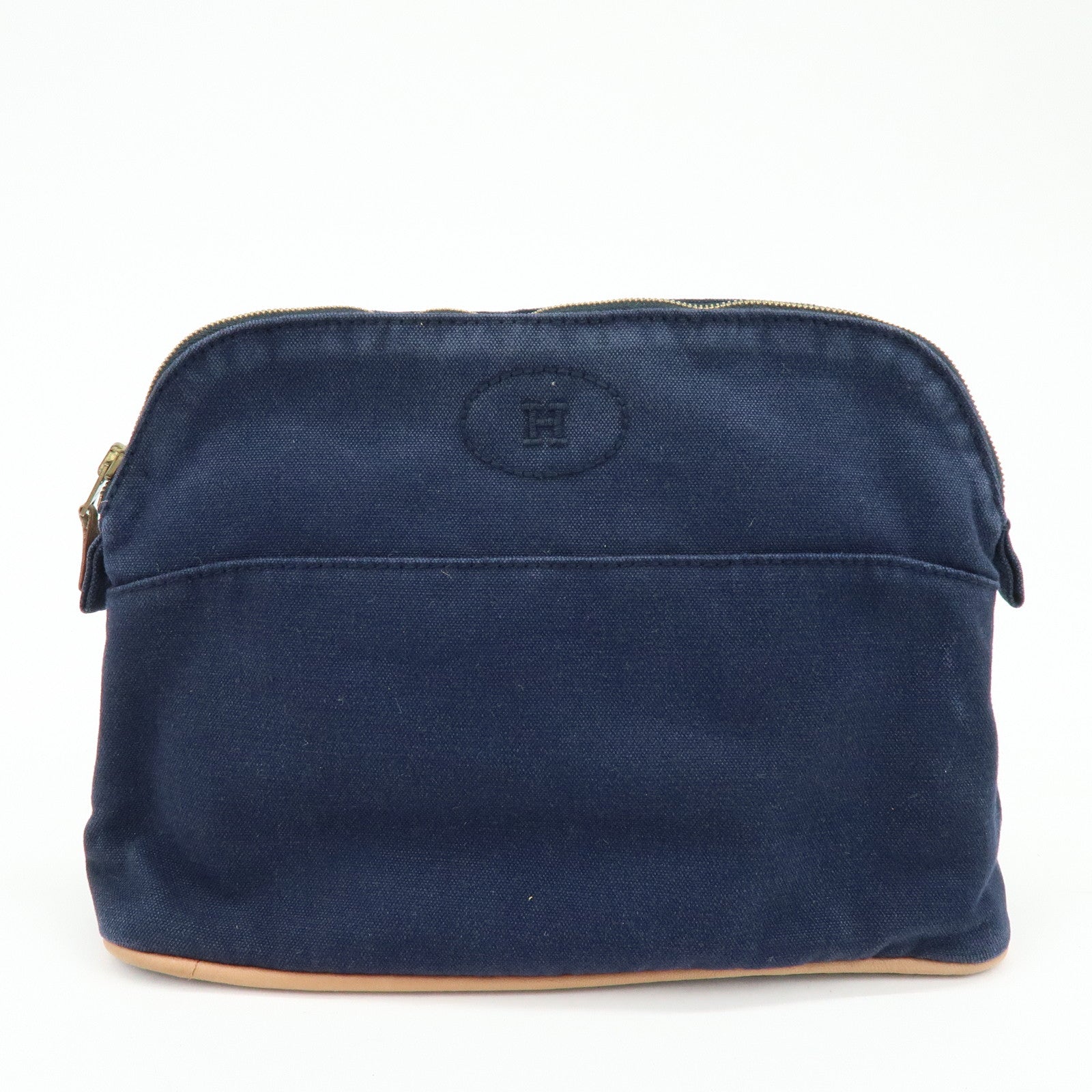 HERMES Bolide Set of 2 Cotton Leather Pouch Cosmetic Case Navy Pink