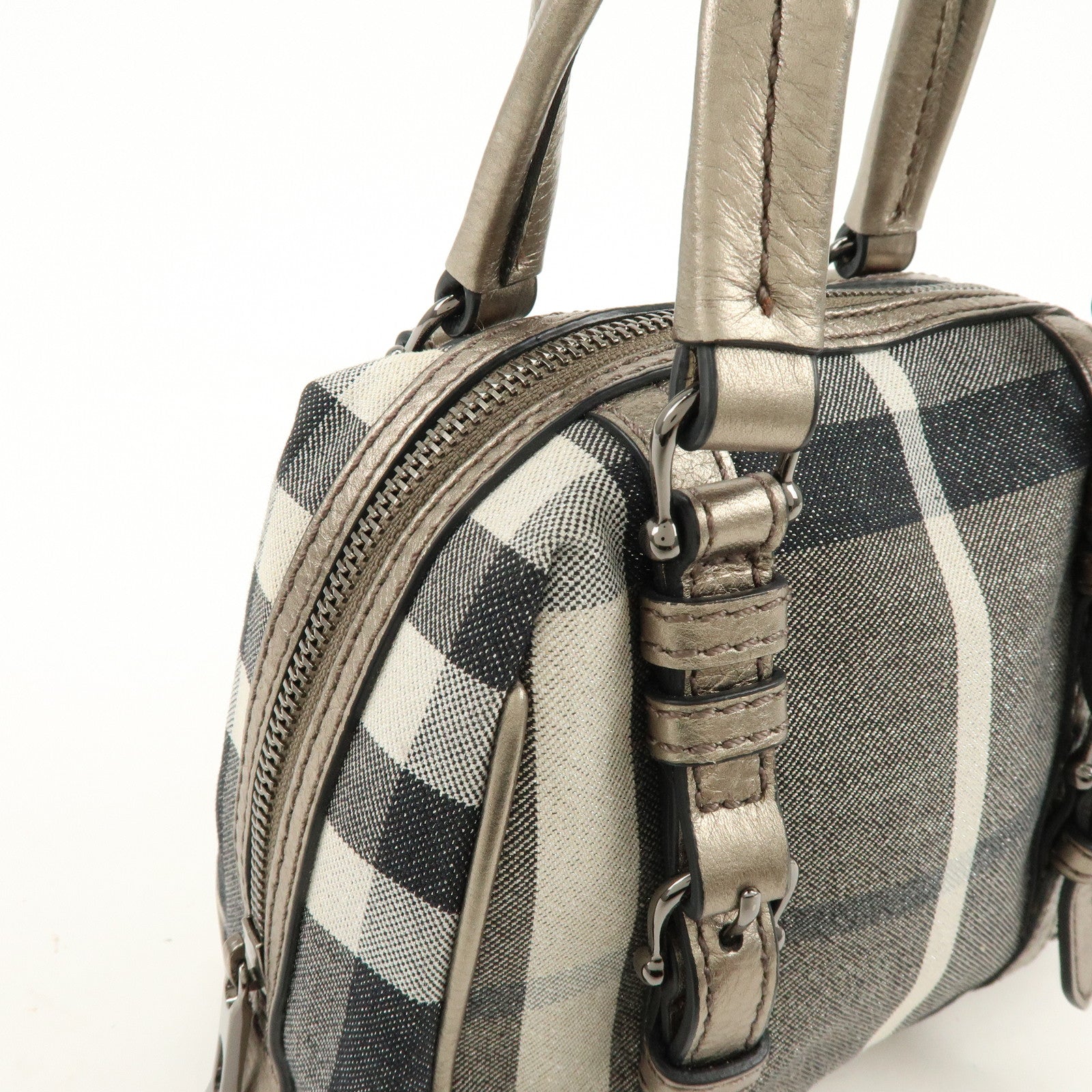 BURBERRY Plaid Canvas Leather Hand Bag Gray Champagne Gold