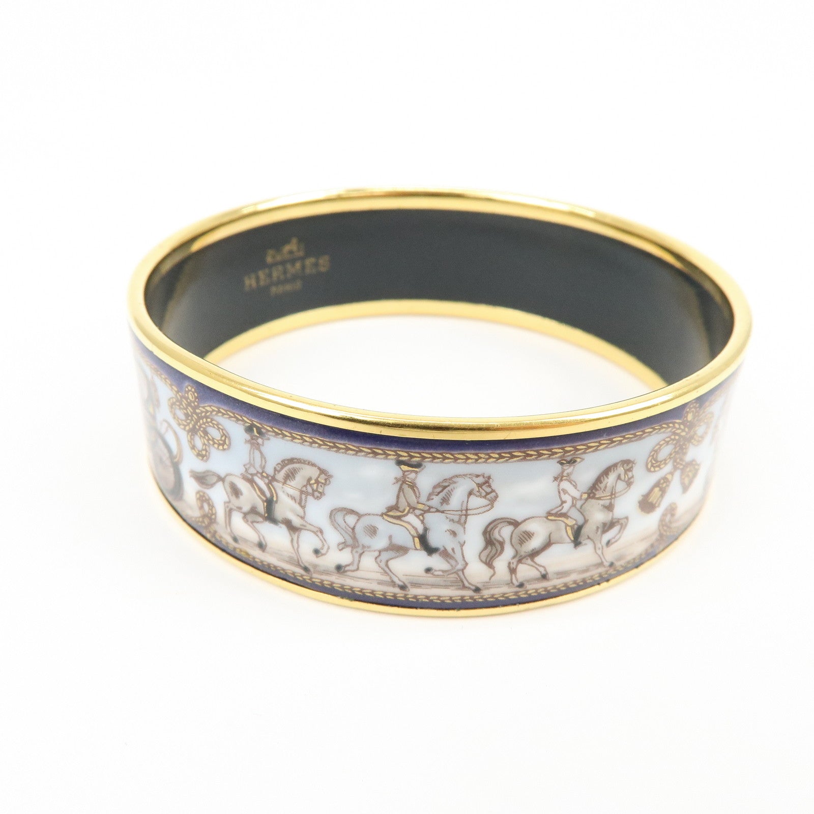 HERMES Email GM Metal Bangle Bracelet Carriage Light Blue Gold
