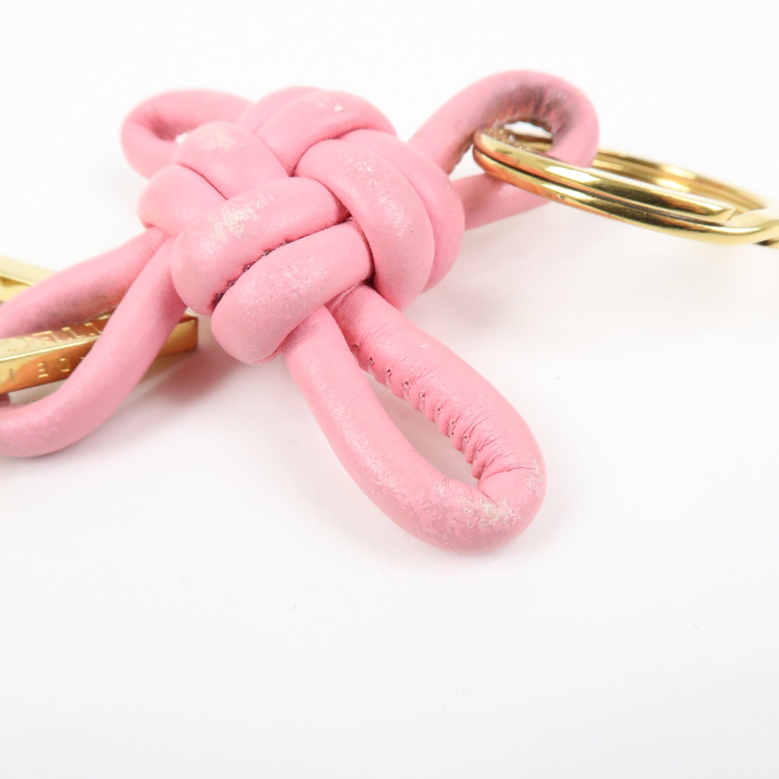 BOTTEGA VENETA Leather Metal Bag Charm Key Chain Gold Pink