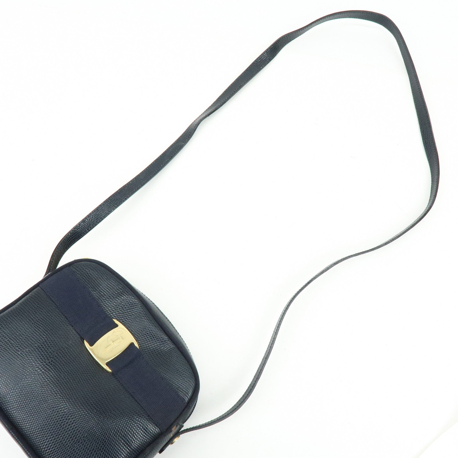 Ferragamo Vara Embossed Leather Shoulder Bag Crossbody Bag Navy