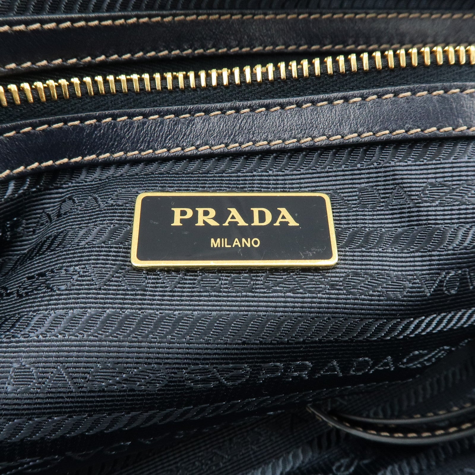 PRADA Logo Jacquard Leather Tote Bag Hand Bag Beige Navy