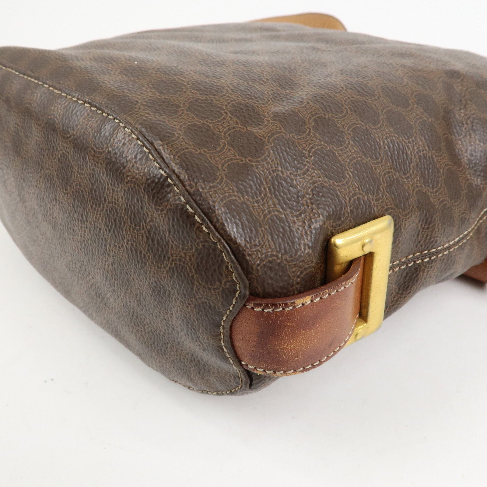 CELINE Macadam PVC Canvas Leather Shoulder Bag Brown Gold Hardware