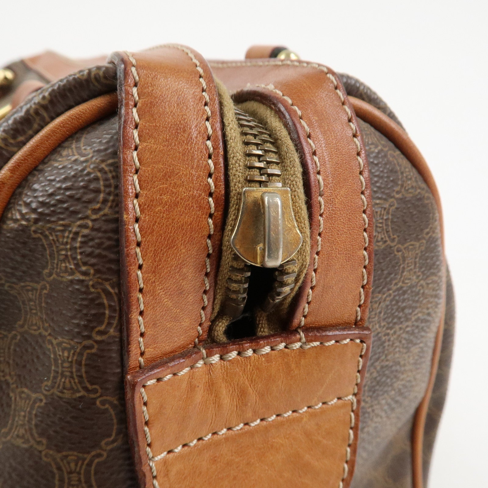 CELINE Macadam PVC Coating Canvas Leather Boston Bag Brown