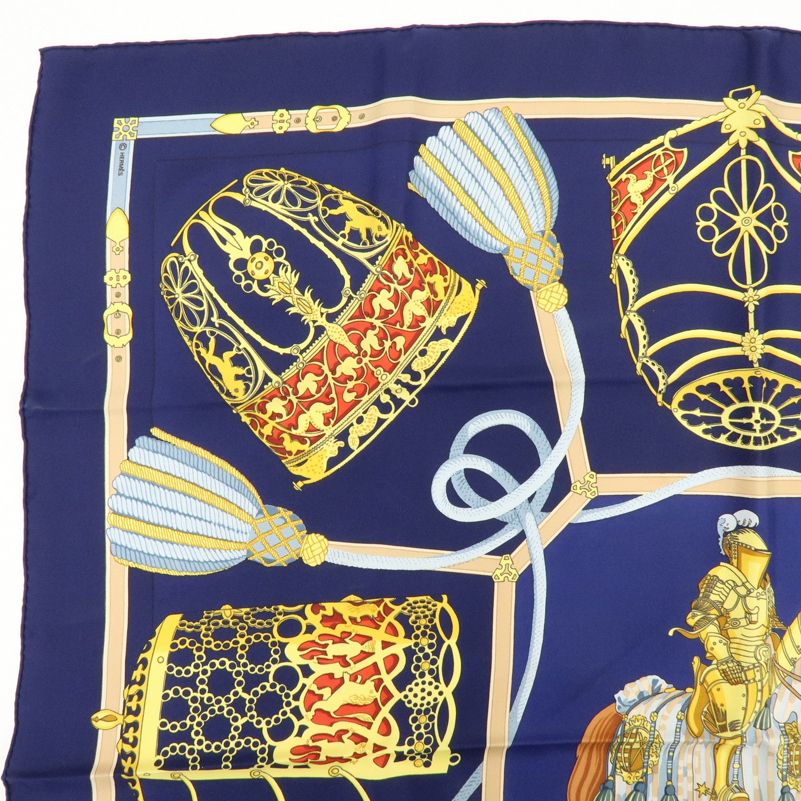 HERMES Carre 90 Silk 100% LES MUSEROLLES Scarf Navy