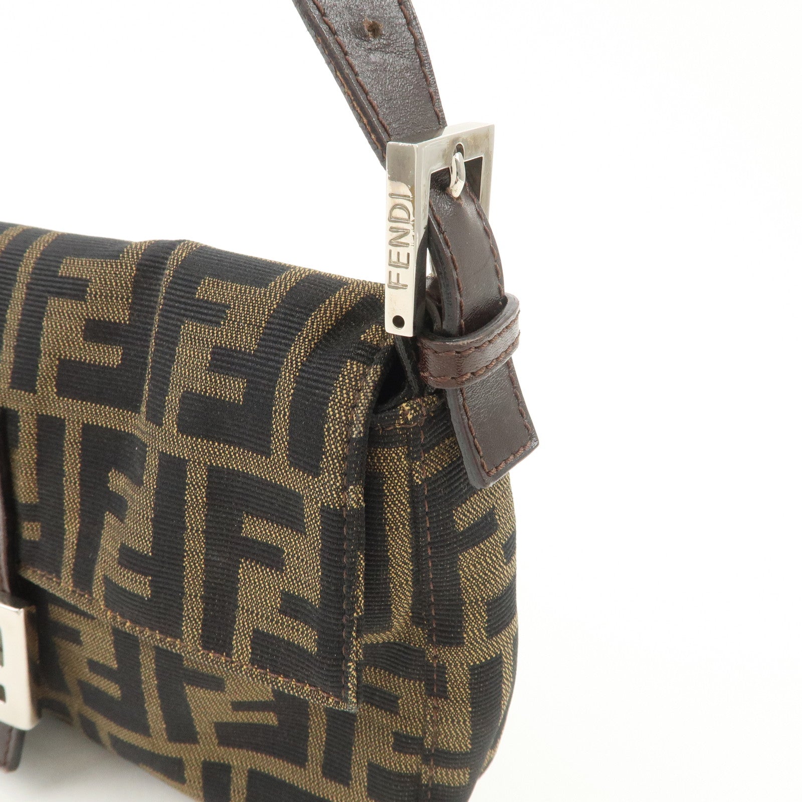 FENDI Mamma Baguette Zucca Canvas Leather Shoulder Bag Black Brown 26424