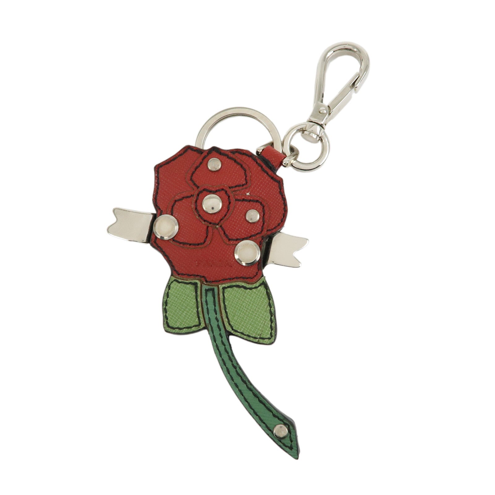 PRADA Saffiano Leather Rose Motif Bag Charm Key Holder Red 1AR290