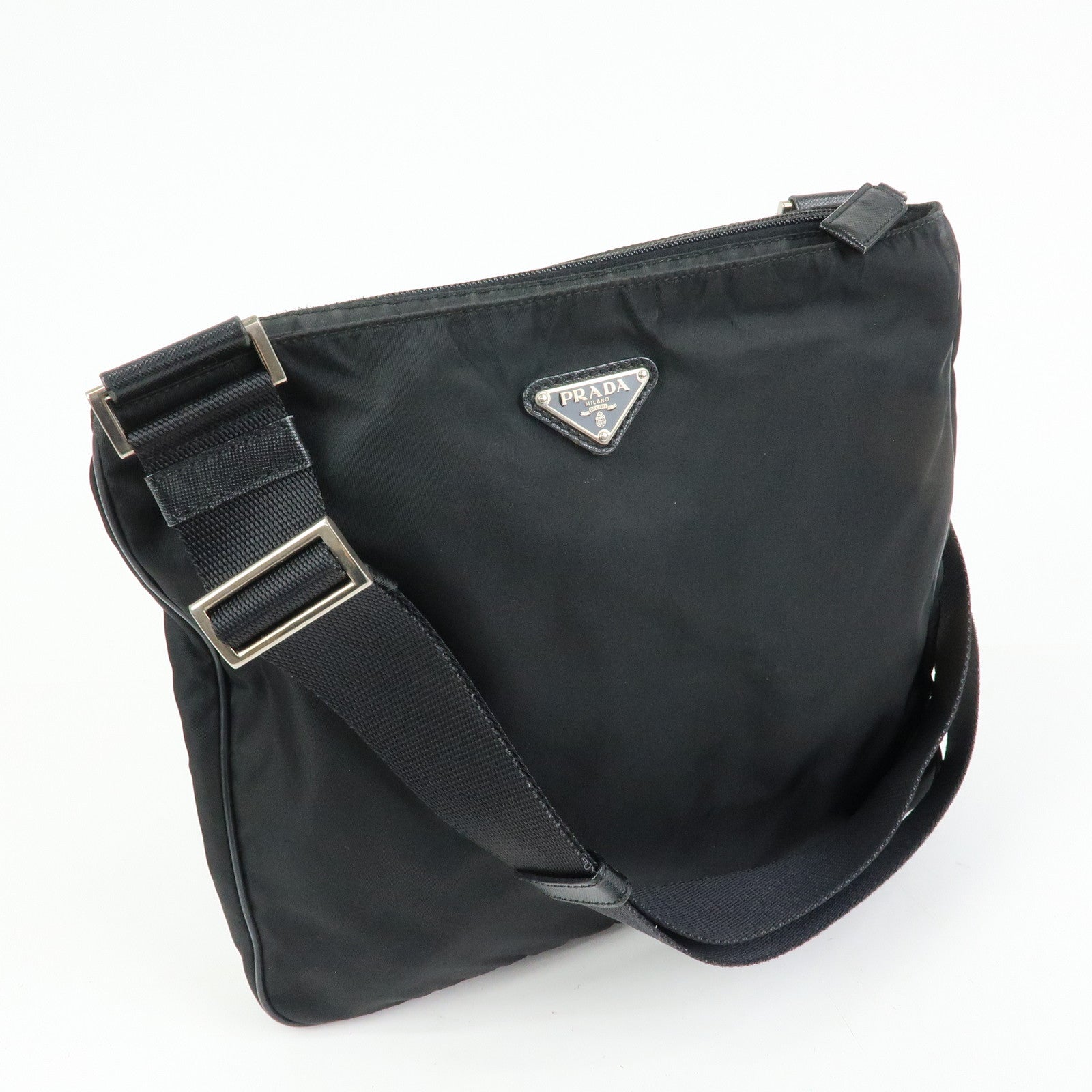 PRADA Triangle Logo Nylon Saffiano Leather Shoulder Bag Black