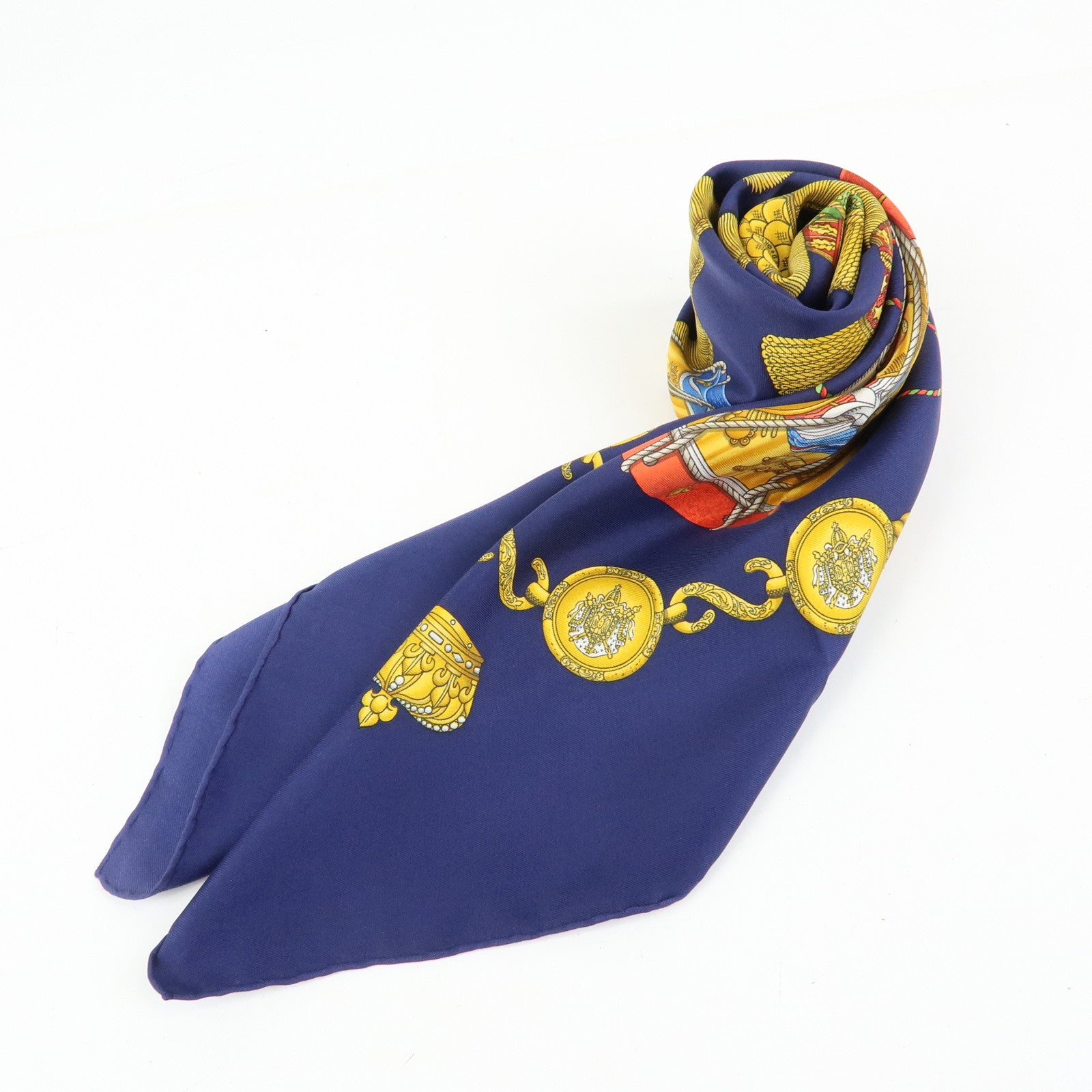 HERMES Carre 90 Silk 100% Scarf LES TAMBOURS Navy Gold