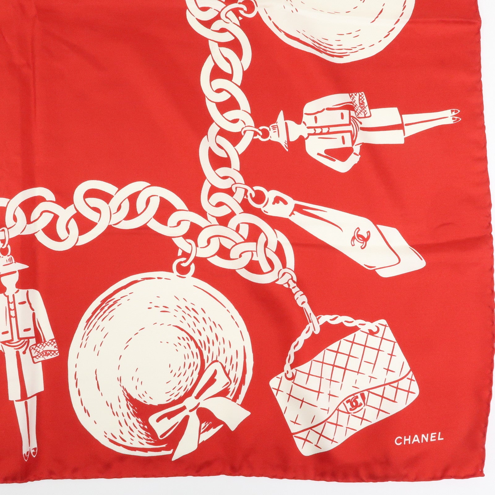 CHANEL Silk 100% Scarf Matelasse Bag Motif Red White