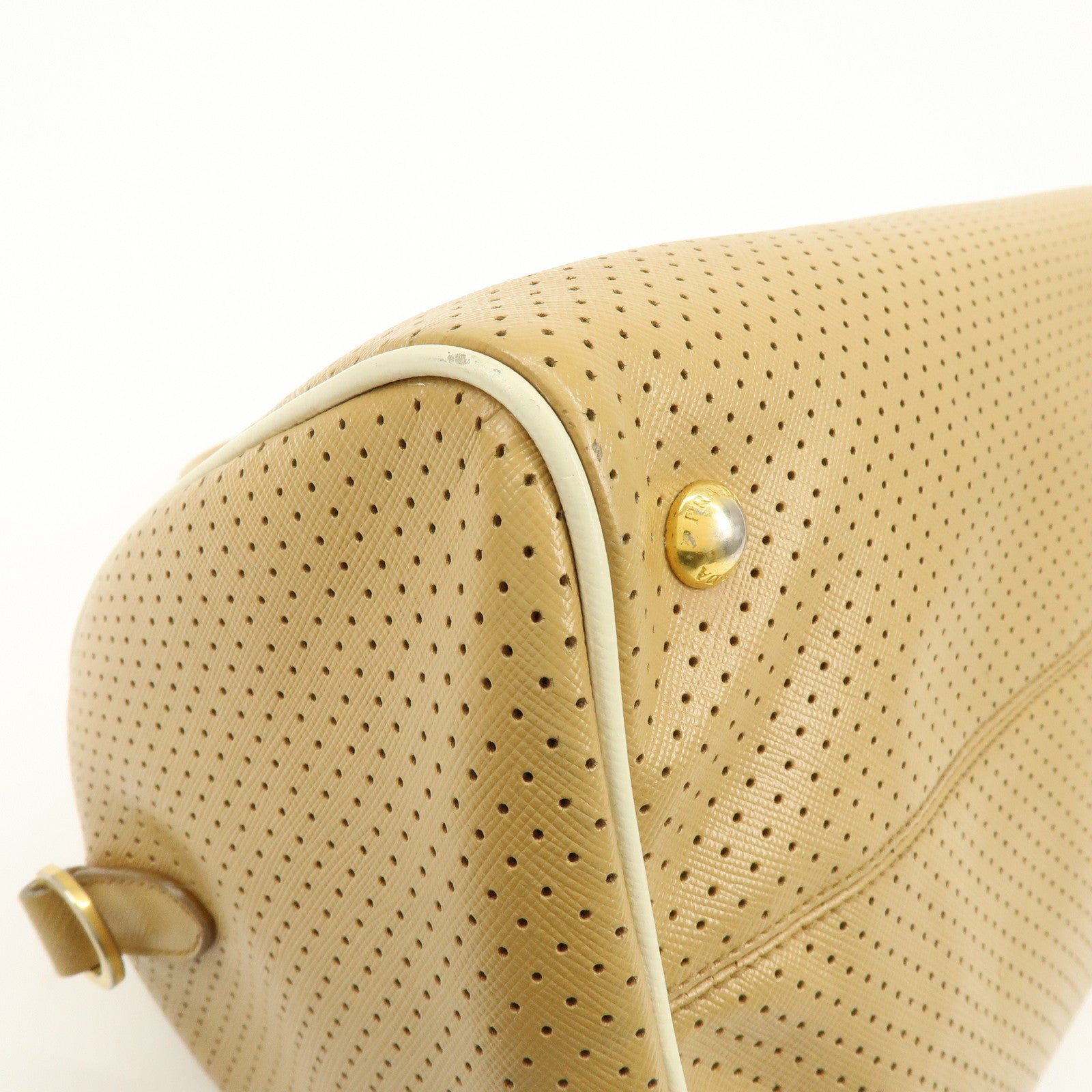 PRADA Triangle Logo Saffiano Leather Punched Boston Bag Beige