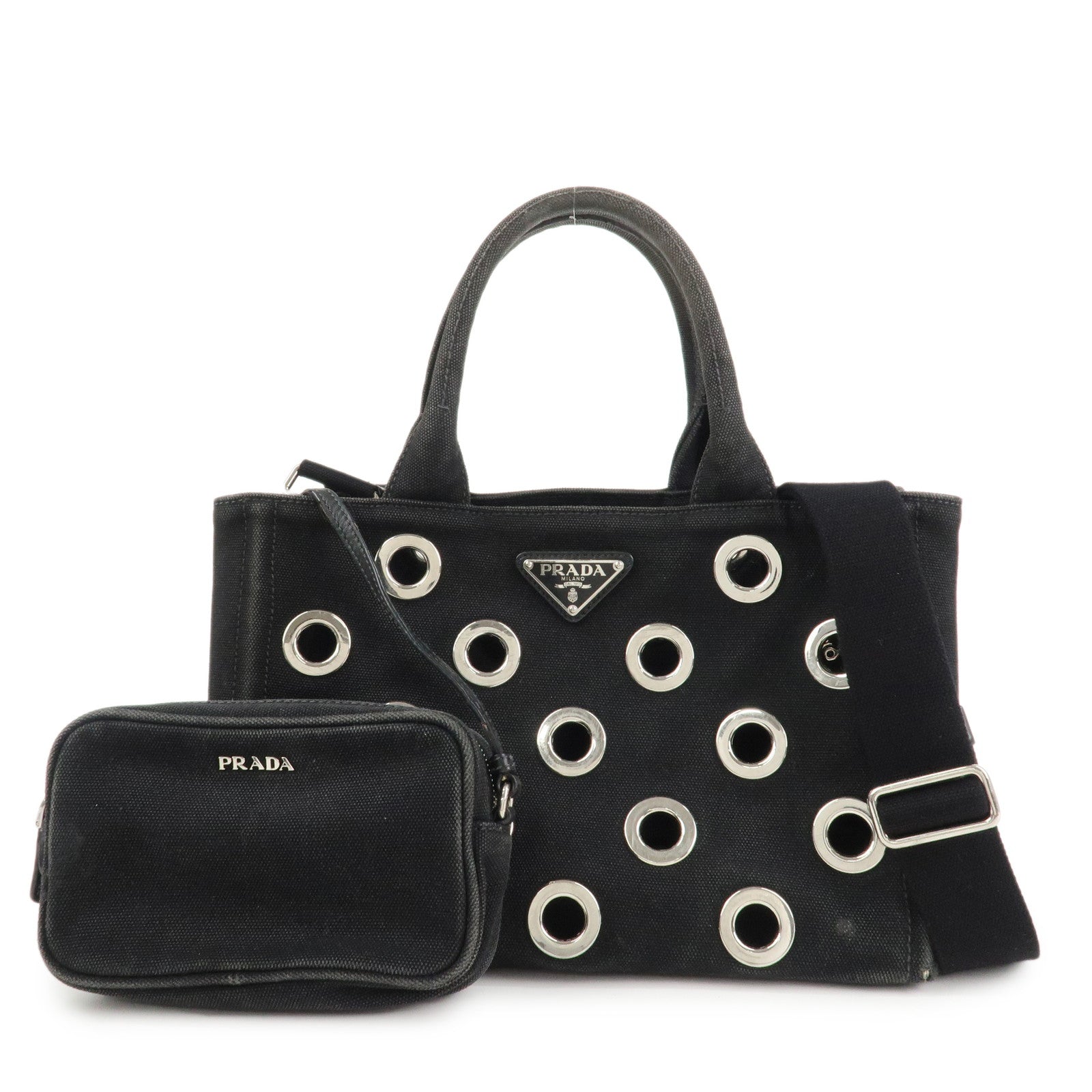 PRADA Logo Canapa Mini Canvas 2Way Bag Hand Bag Black 1BG439